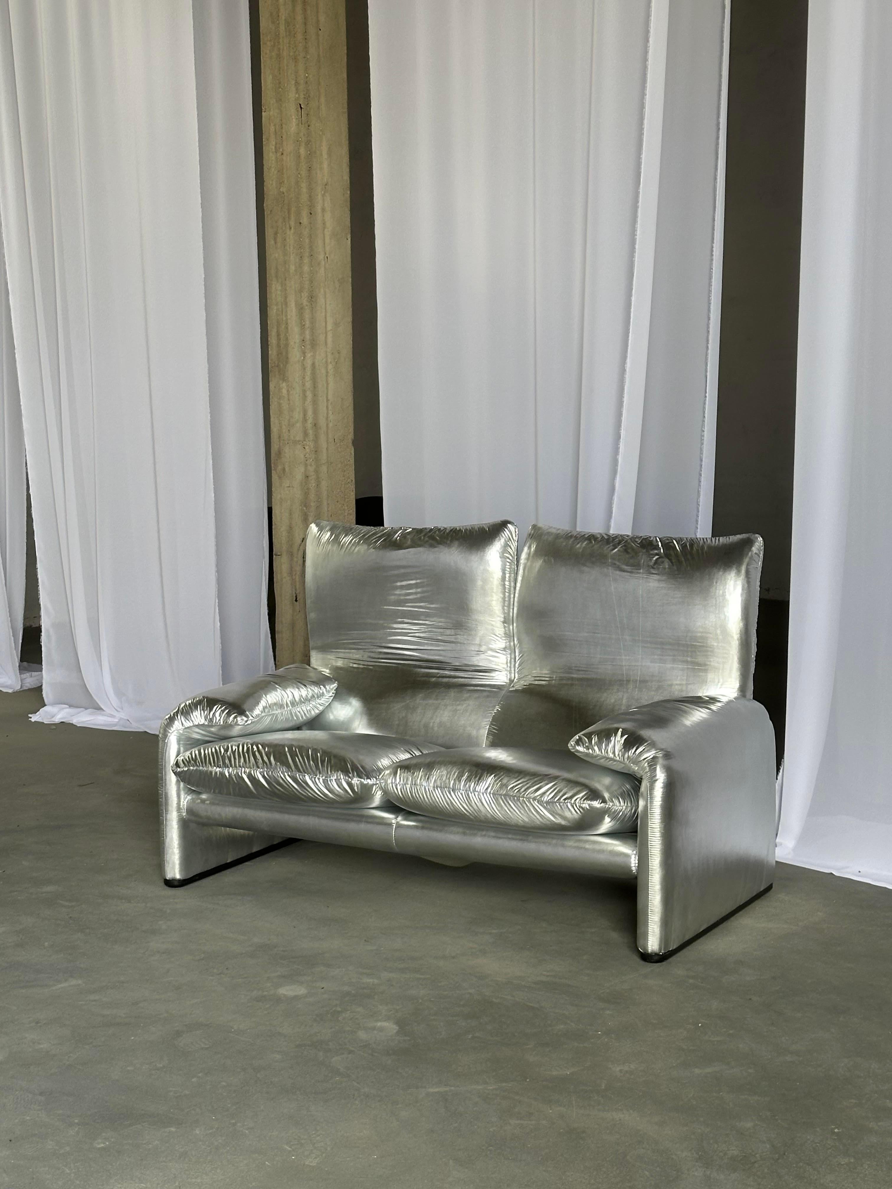 Mid-Century Modern Cassina Maralunga 2 seater Silver Sofa by Vico Magistretti