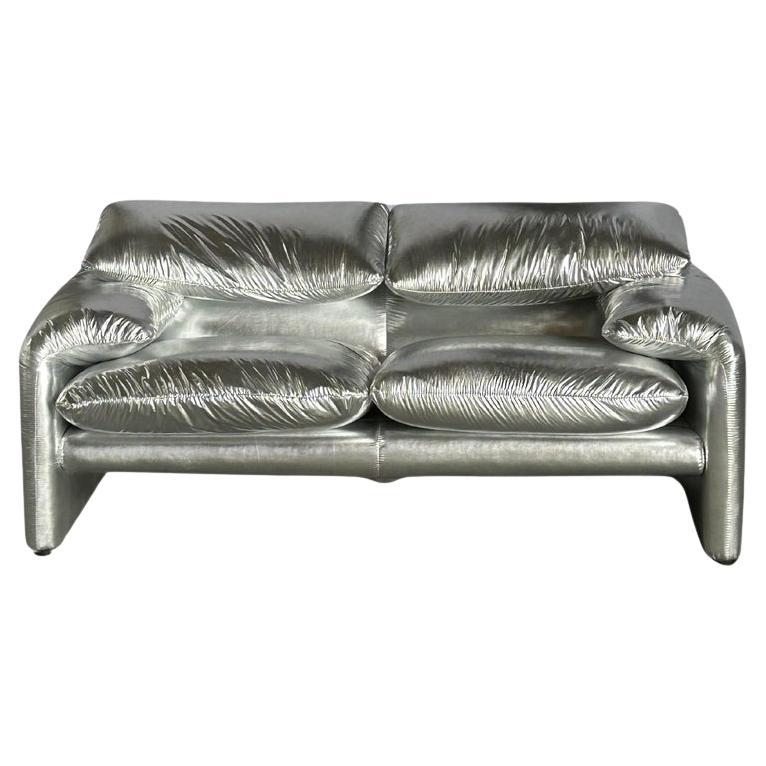 Cassina Maralunga 2 seater Silver Sofa by Vico Magistretti For Sale
