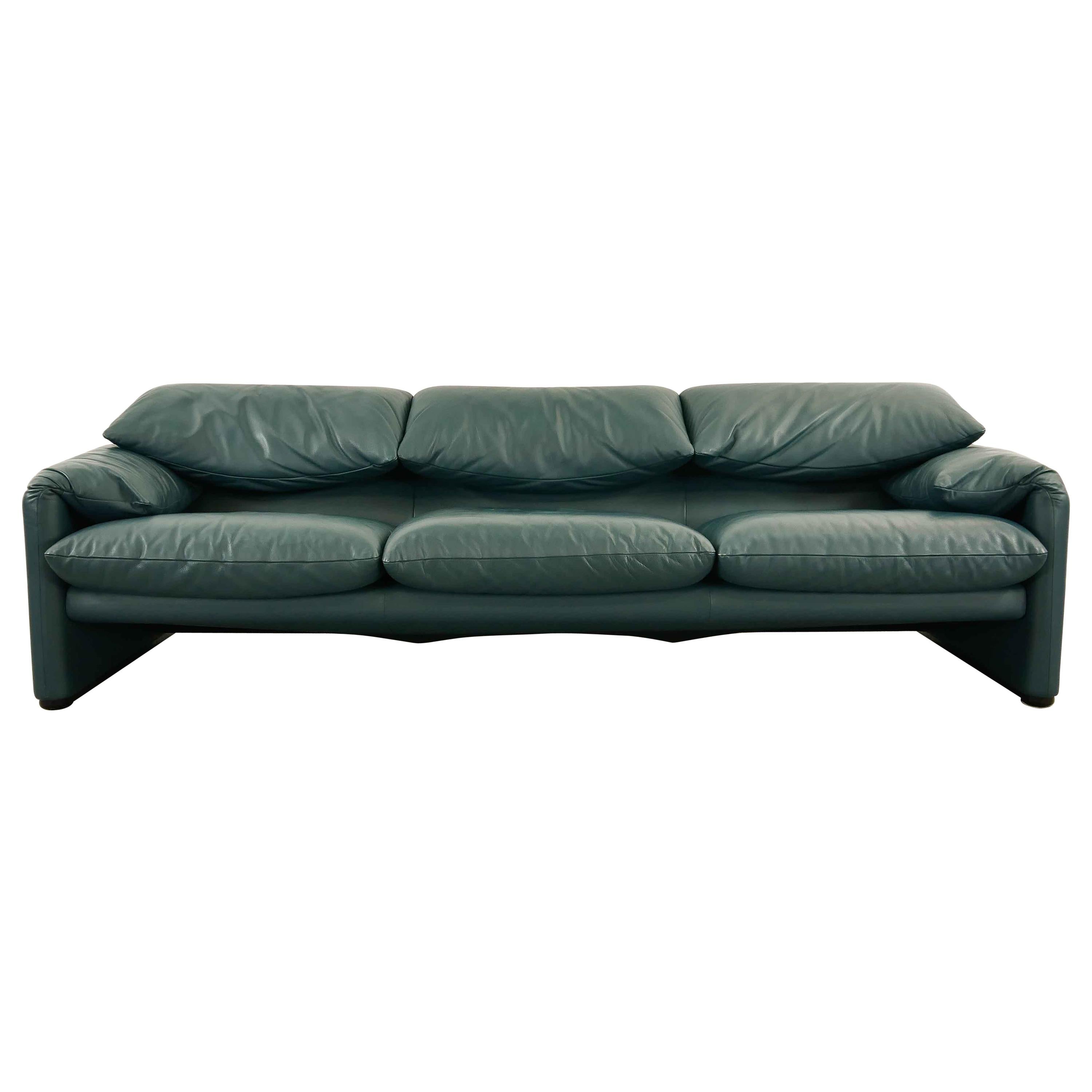 Cassina Maralunga 3-Seat Sofa by Vico Magistretti in Petrol-Darkgreen Leather