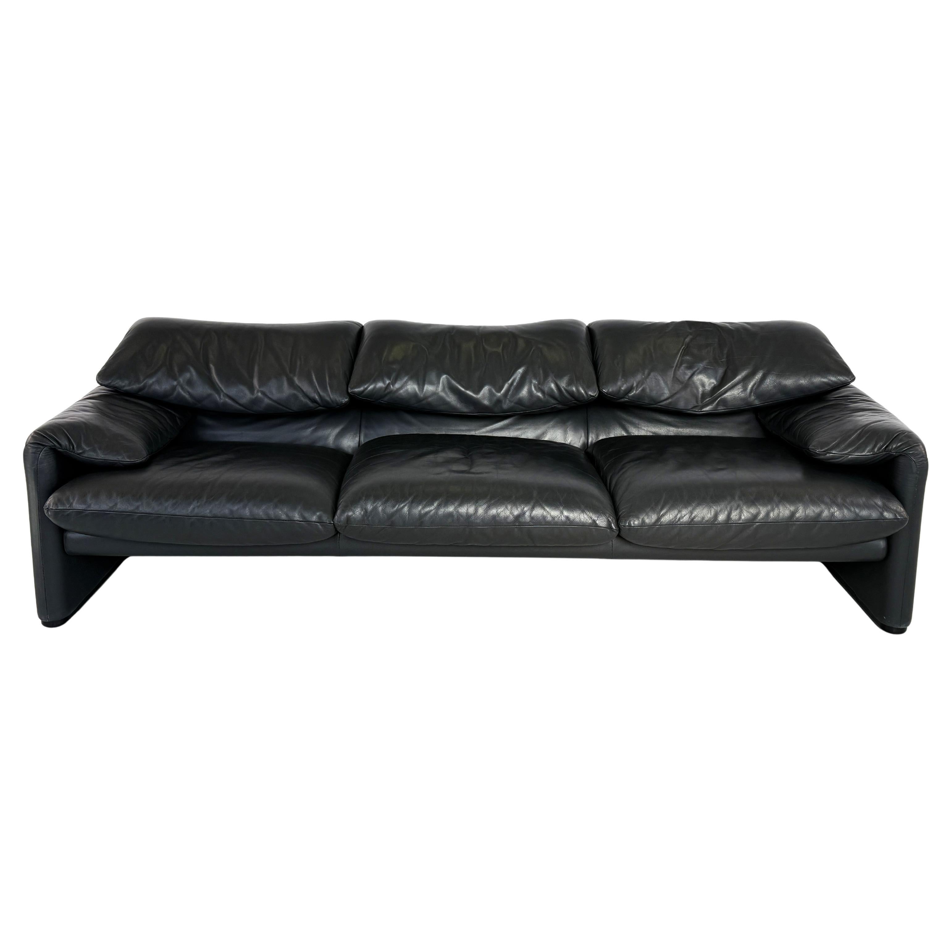 Cassina Maralunga Black Leather 3-Seater Sofa by Vico Magistretti, 1970s
