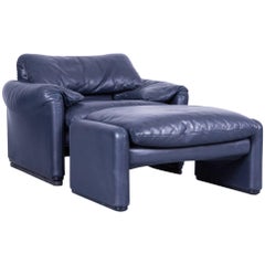 Cassina Maralunga Blue Leather Armchair 
Stool Set by Vico Magistretti Function