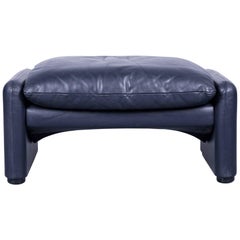 Cassina Maralunga Blue Leather Stool by Vico Magistretti