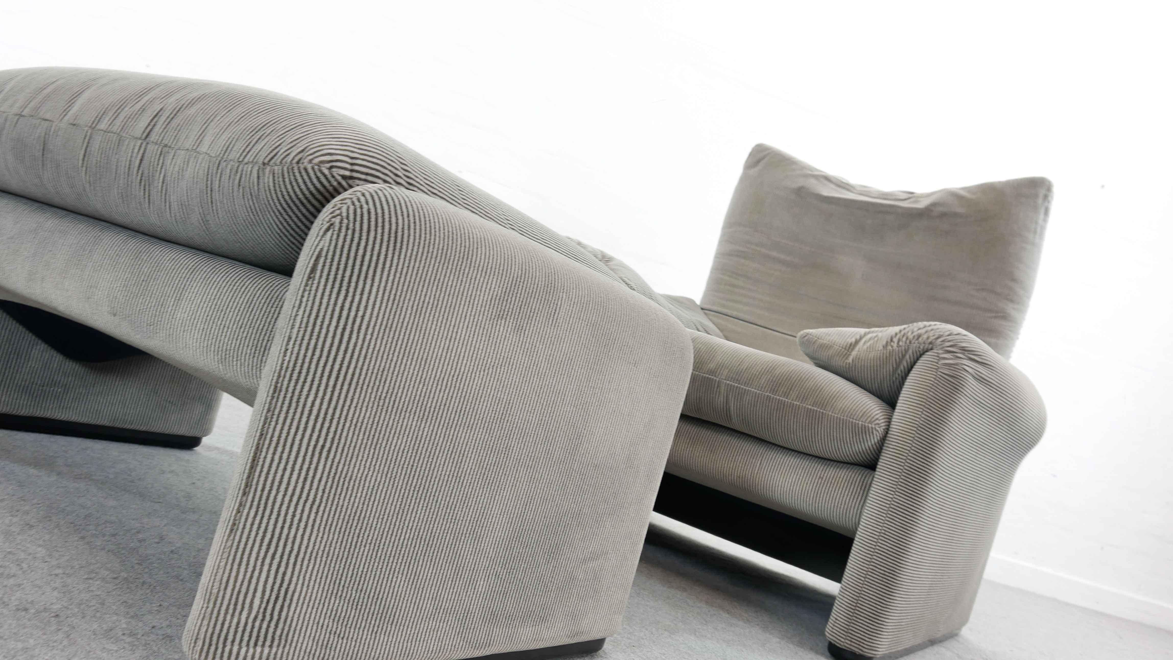 Italian Cassina Maralunga Chair and Ottoman /Stool in Grey Striped Fabrics