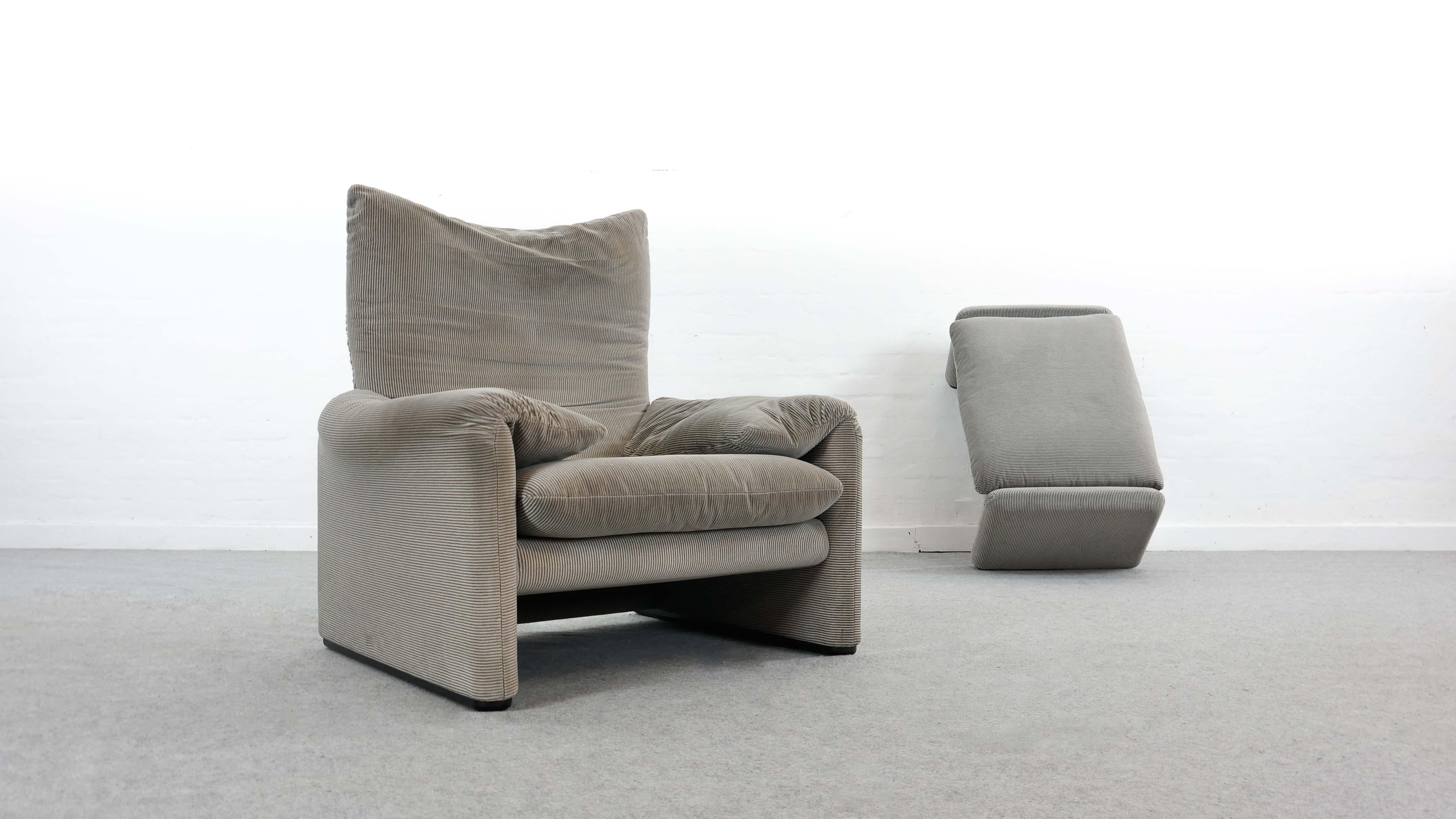 Contemporary Cassina Maralunga Chair and Ottoman /Stool in Grey Striped Fabrics