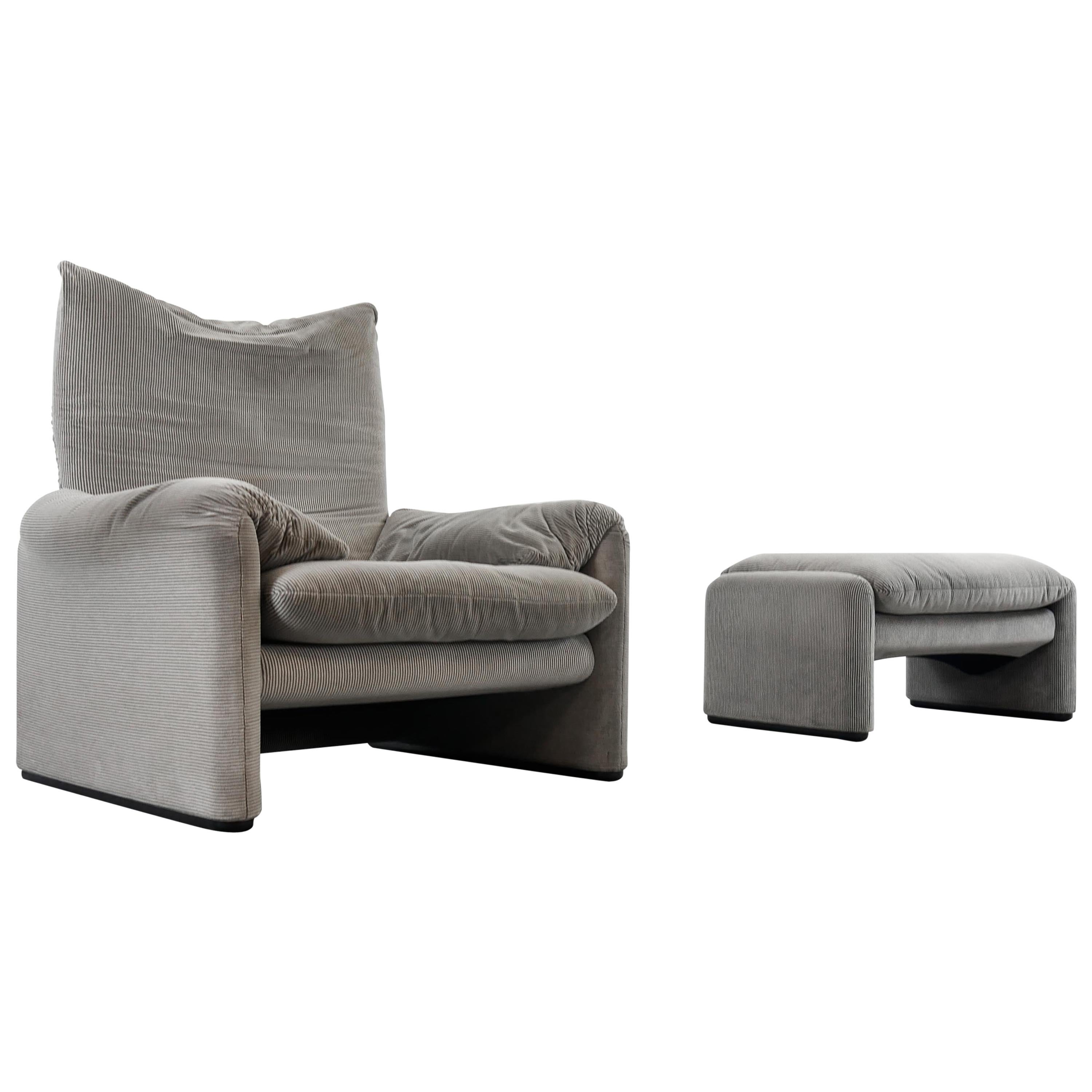 Cassina Maralunga Chair and Ottoman /Stool in Grey Striped Fabrics