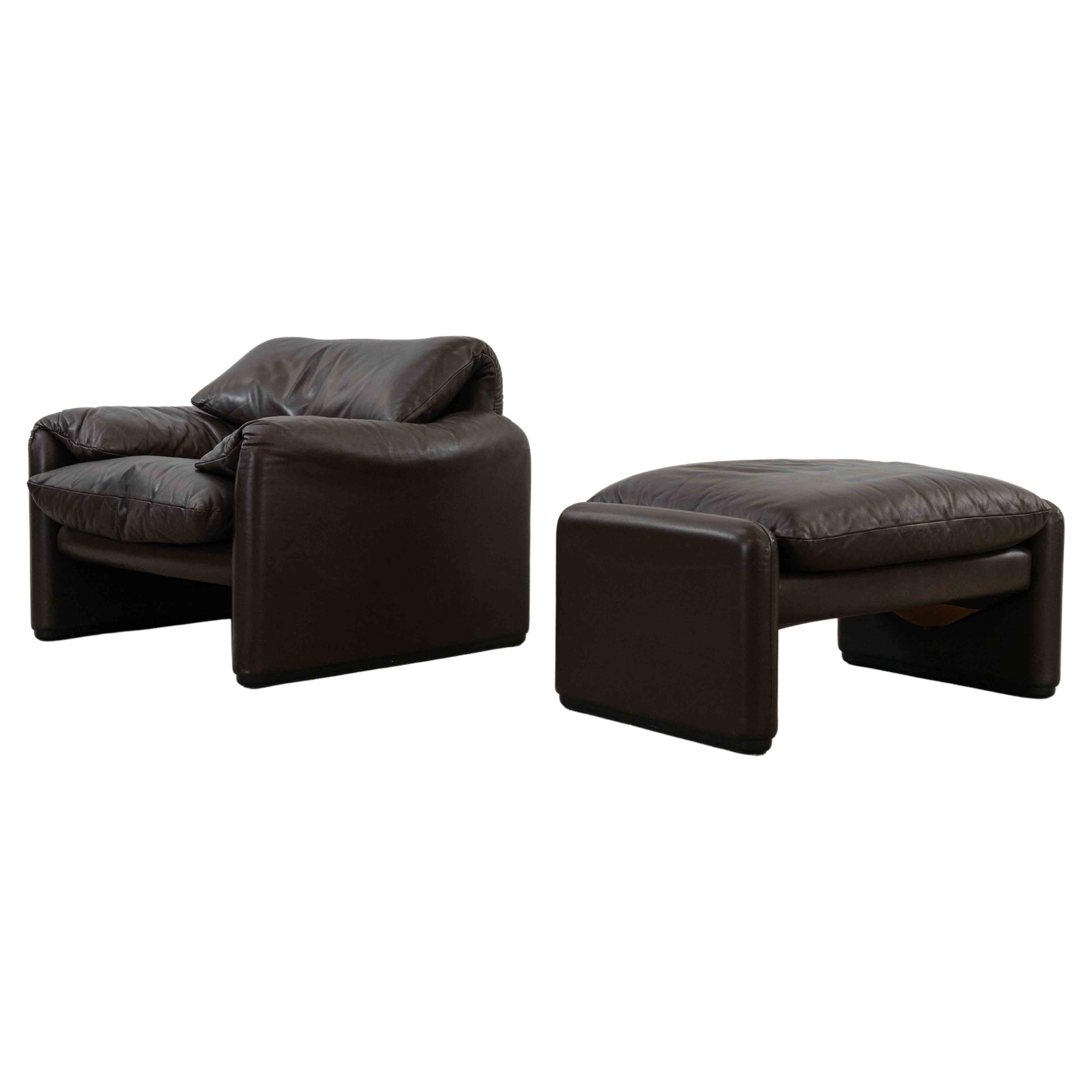 Cassina Maralunga Easy Chair with Footrest by Vico Magistretti in Leather