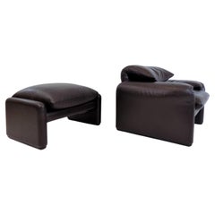 Cassina Maralunga Leather Armchair with Ottoman by Vico Magistretti