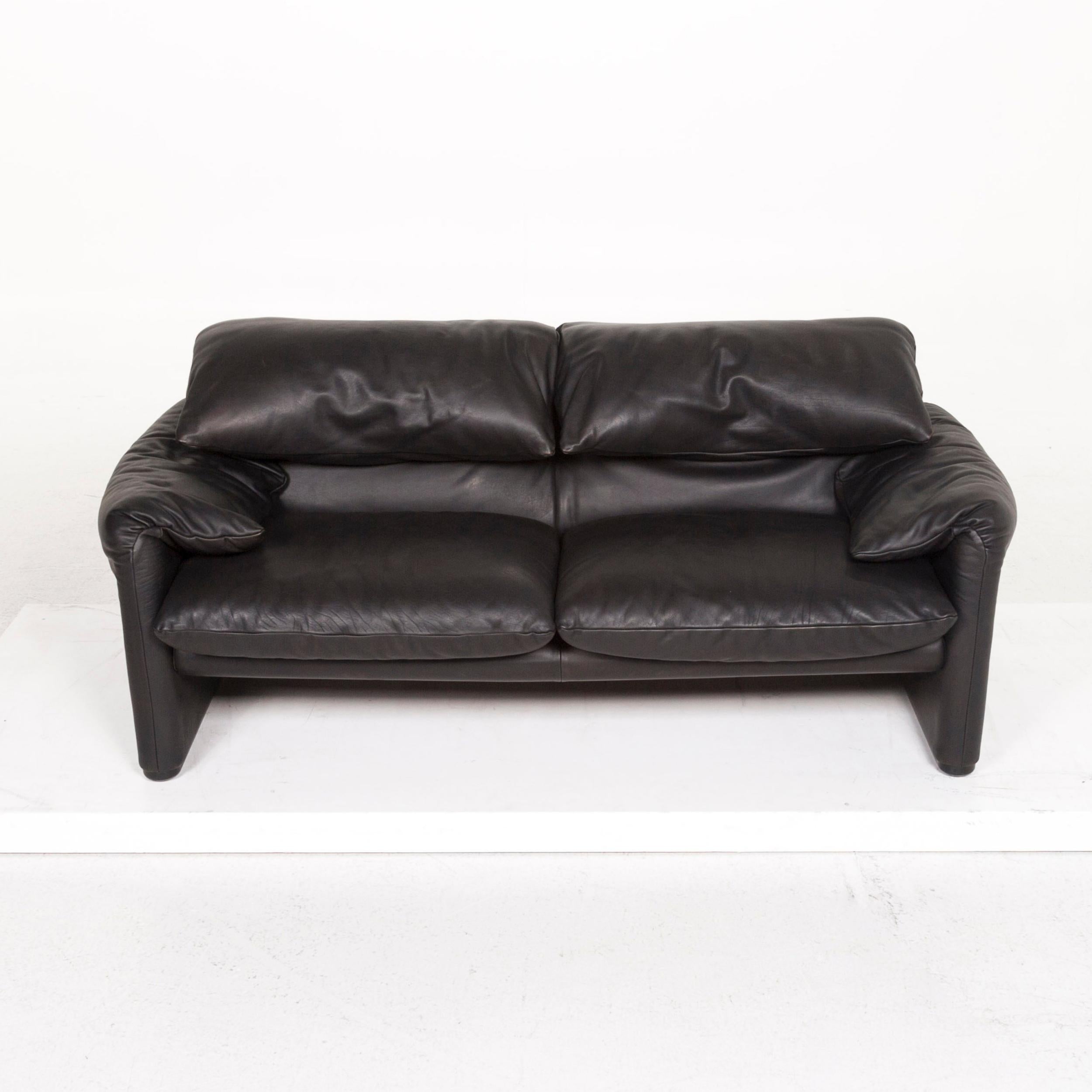 Contemporary Cassina Maralunga Leather Sofa Black Two-Seat Function Couch