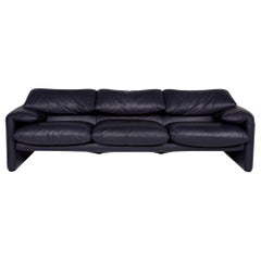 Cassina Maralunga Leather Sofa Blue Dark Blue Three-Seat Couch