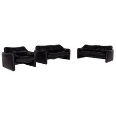 Cassina Maralunga Leather Sofa Set Black 2 Two-Seat 1 Armchair