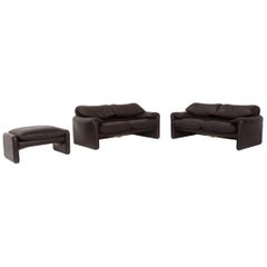 Cassina Maralunga Leather Sofa Set Brown Dark Brown 2 Two-Seat 1 Stool