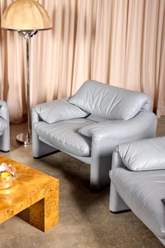 Cassina Maralunga Lounge Chair, Grey Leather by Vico Magistretti