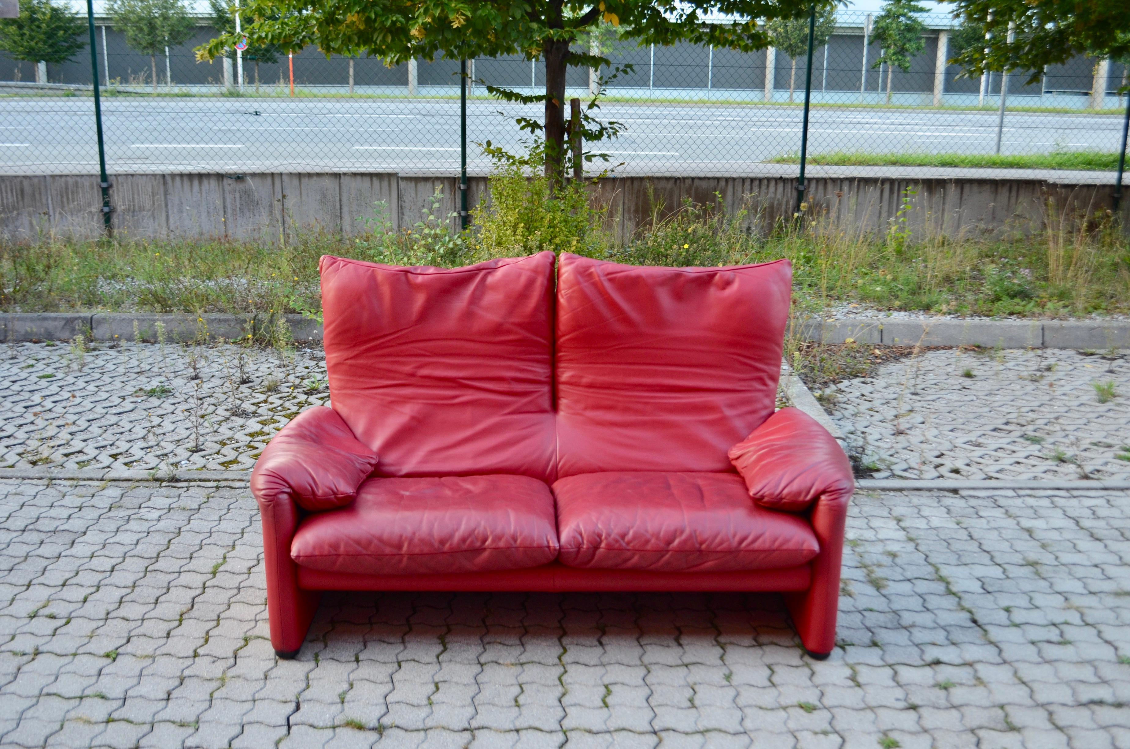 Modern Cassina Maralunga Red Berry Leather Sofa by Vico Magistretti