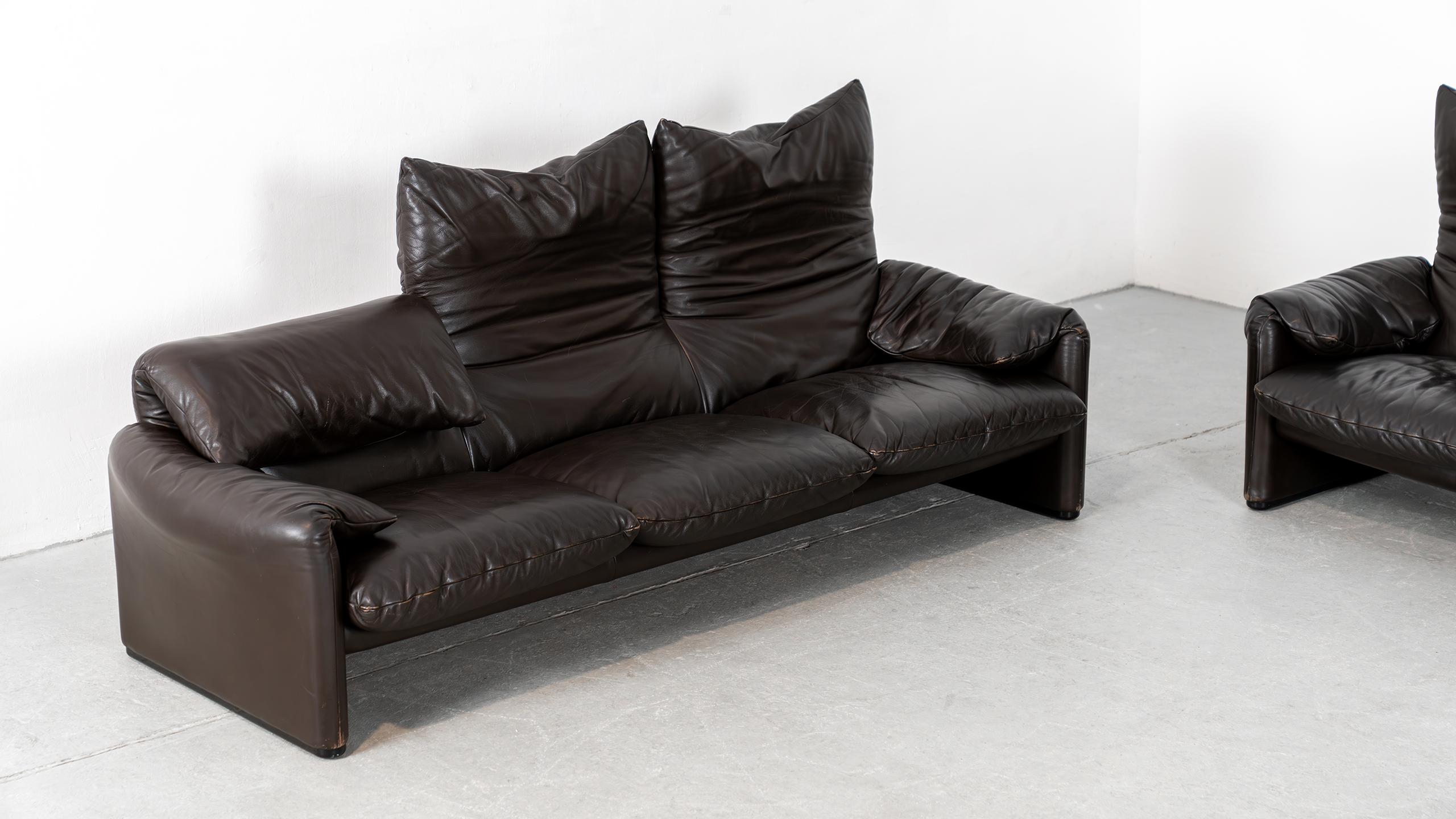 Cassina Maralunga Sofa brown Leather Vico Magistretti Lounge Chair MCM Italy For Sale 3