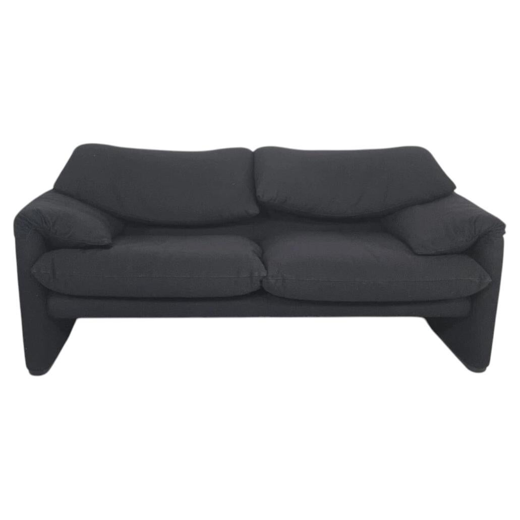 Cassina Maralunga Two-Seater Italian Sofa by Vico Magistretti in Black Fabric