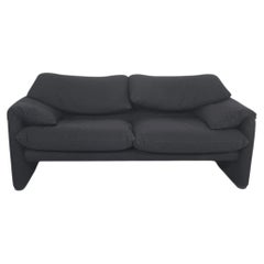 Cassina Maralunga Two-Seater Italian Sofa by Vico Magistretti in Black Fabric