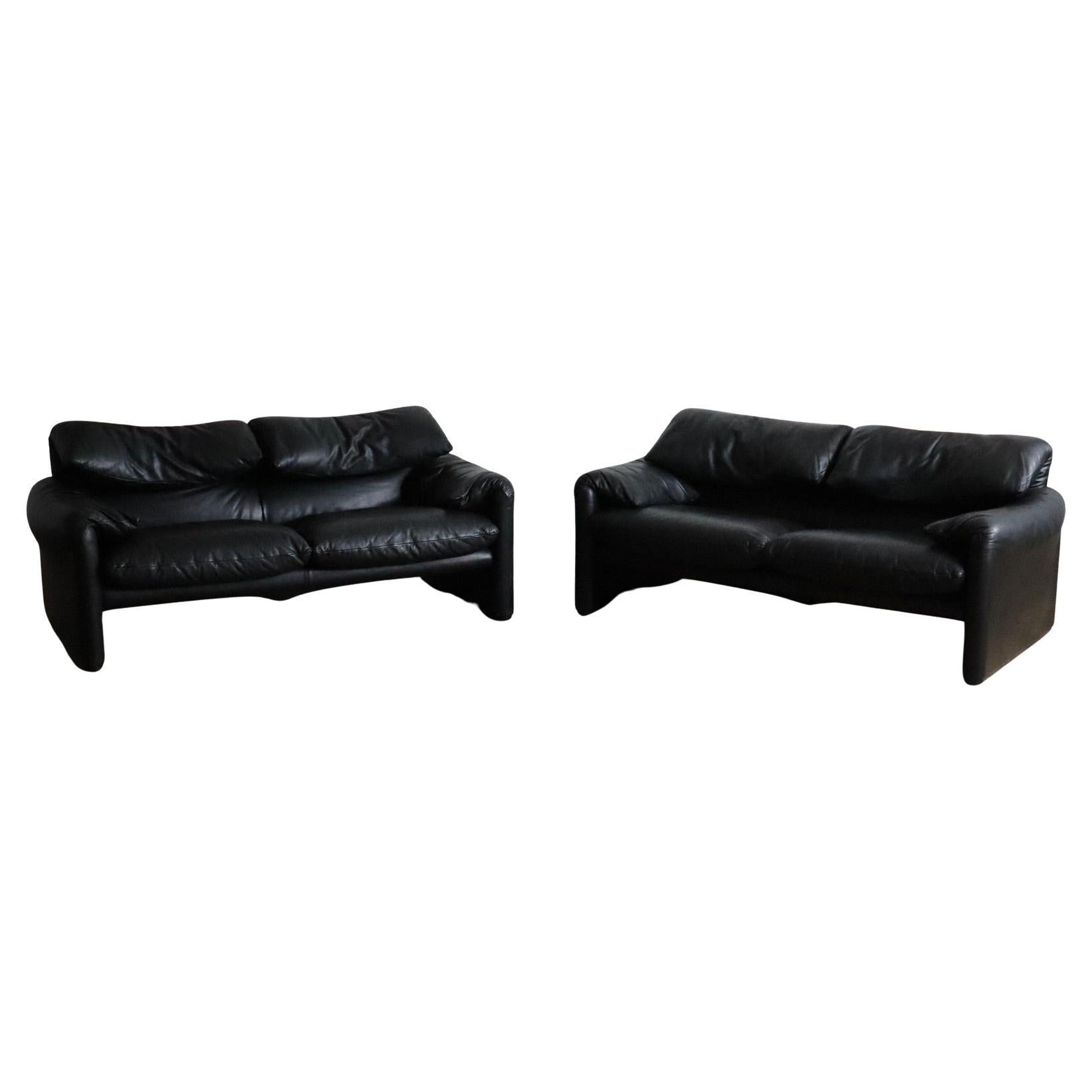 Cassina Maralunga Canapé deux places en cuir noir Vico Magistretti, années 1970 en vente