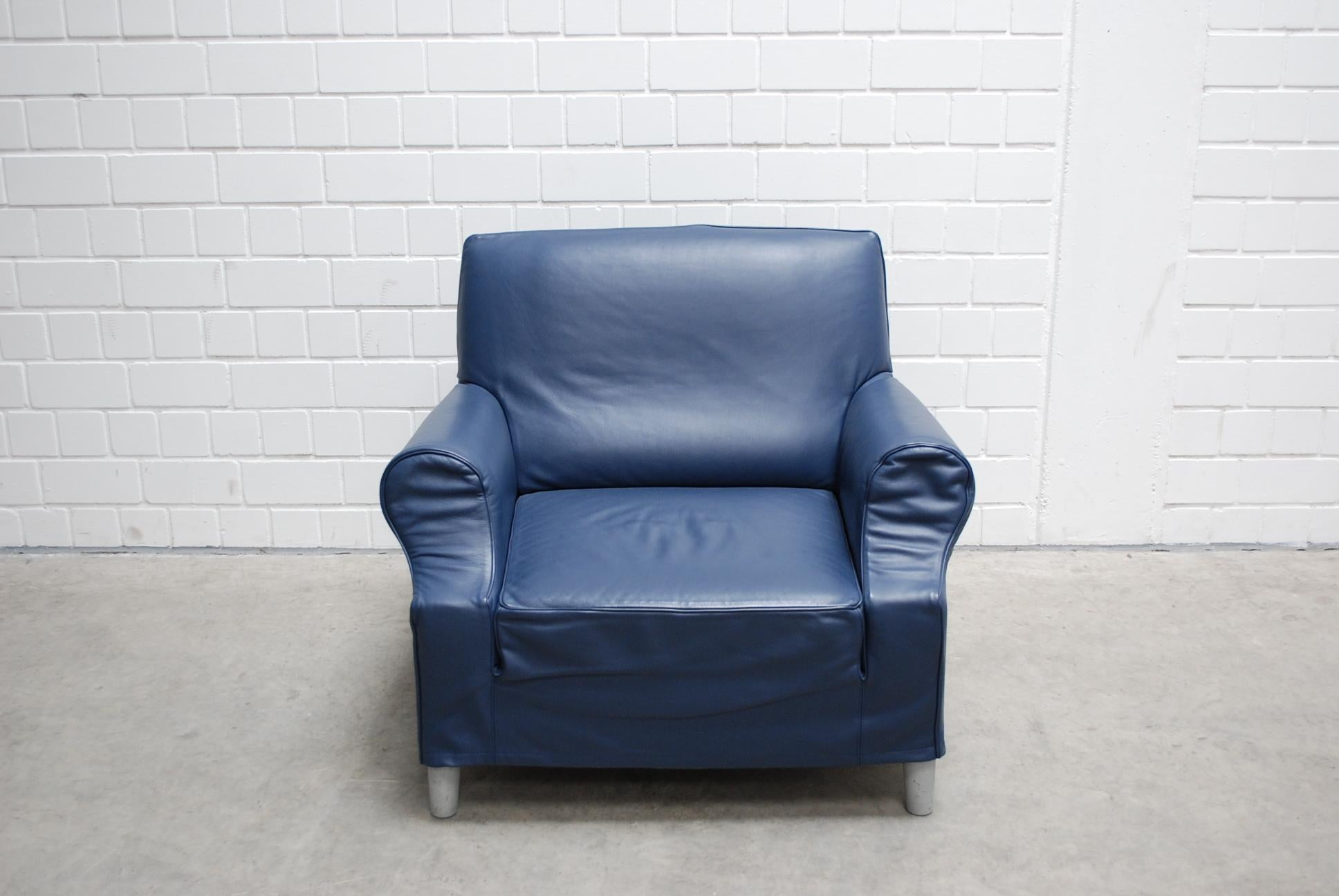 Italian Cassina Model Lazy Working Chair Blue Leather Armchair by Philippe Starck For Sale