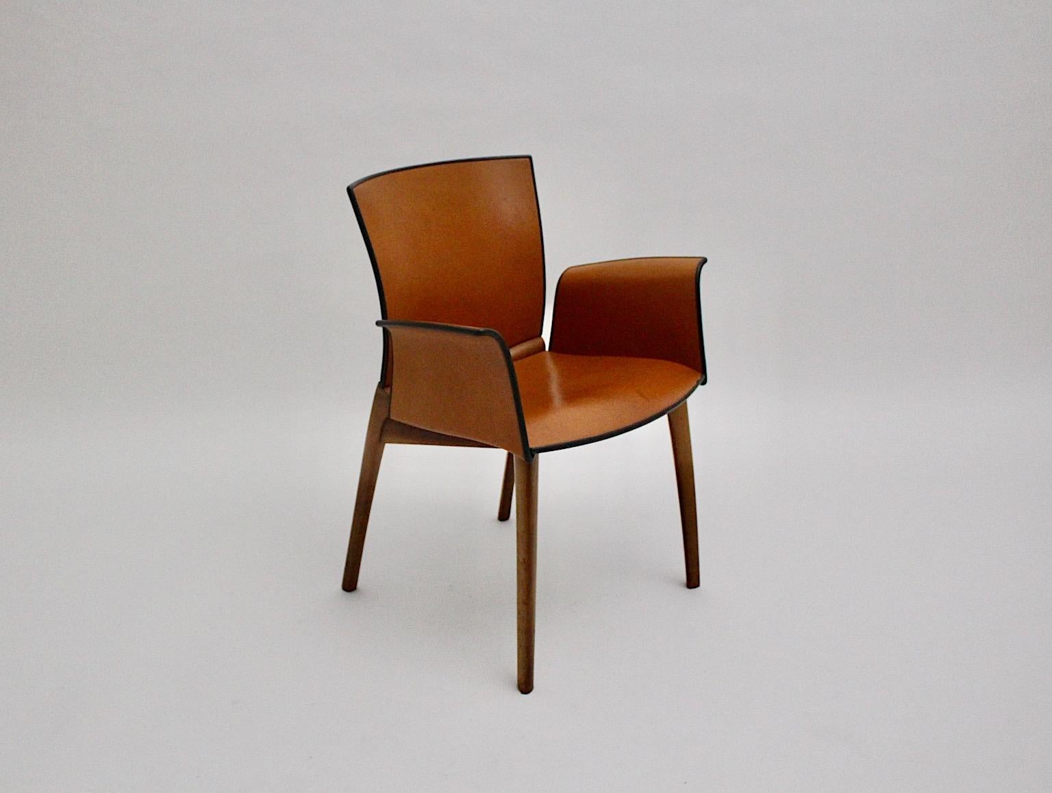 Cassina Modern Seven Vintage Cognac Brown Leather Dining Chairs 1990s Italy 7