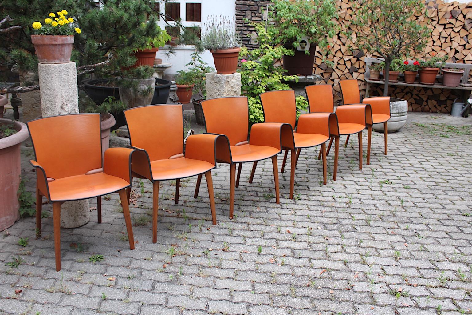 Cassina Modern Seven Vintage Cognac Brown Leather Dining Chairs 1990s Italy 10