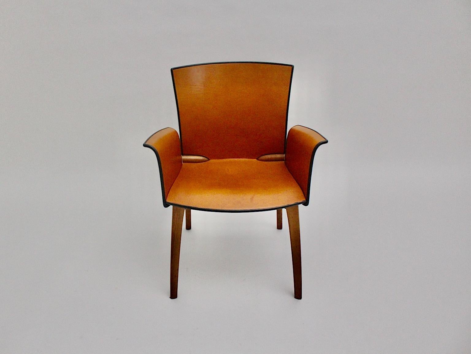 Italian Cassina Modern Seven Vintage Cognac Brown Leather Dining Chairs 1990s Italy