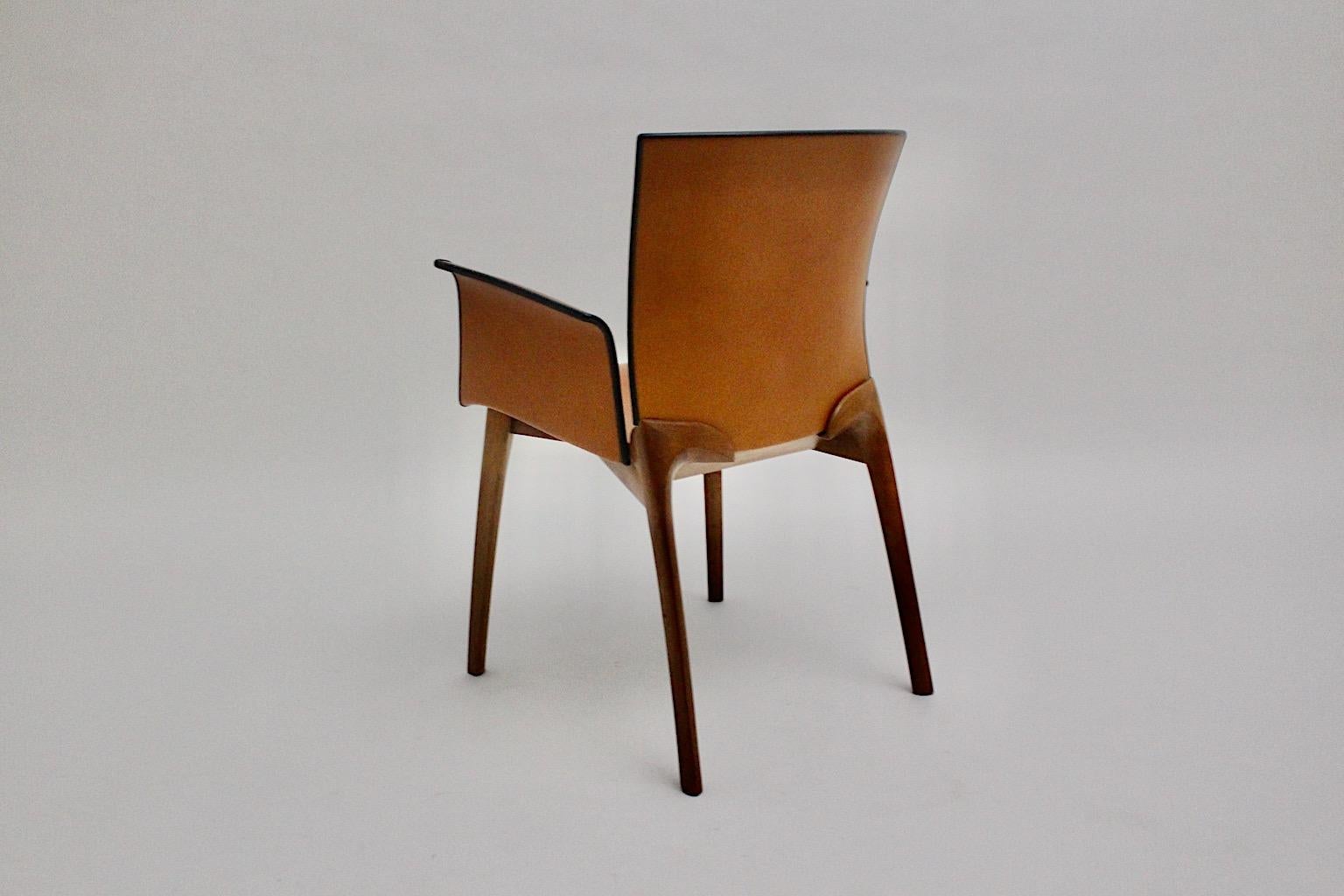 Late 20th Century Cassina Modern Seven Vintage Cognac Brown Leather Dining Chairs 1990s Italy