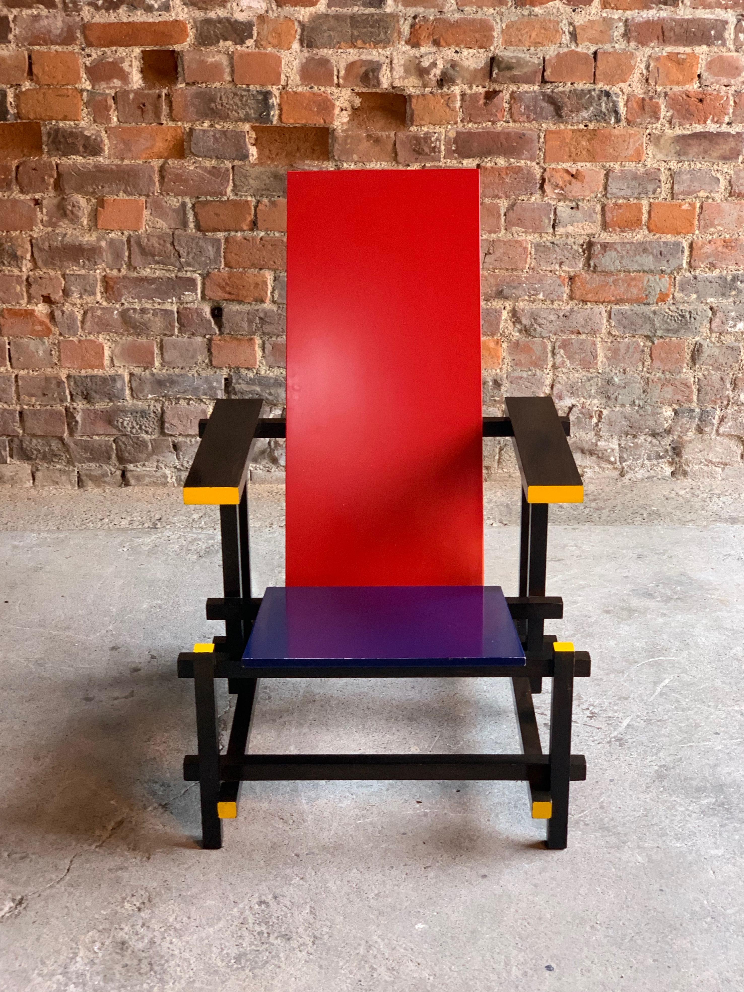 Beech Cassina Red and Blue Chair by Gerrit T Rietveld Numbered 8488, Italy, circa 1970