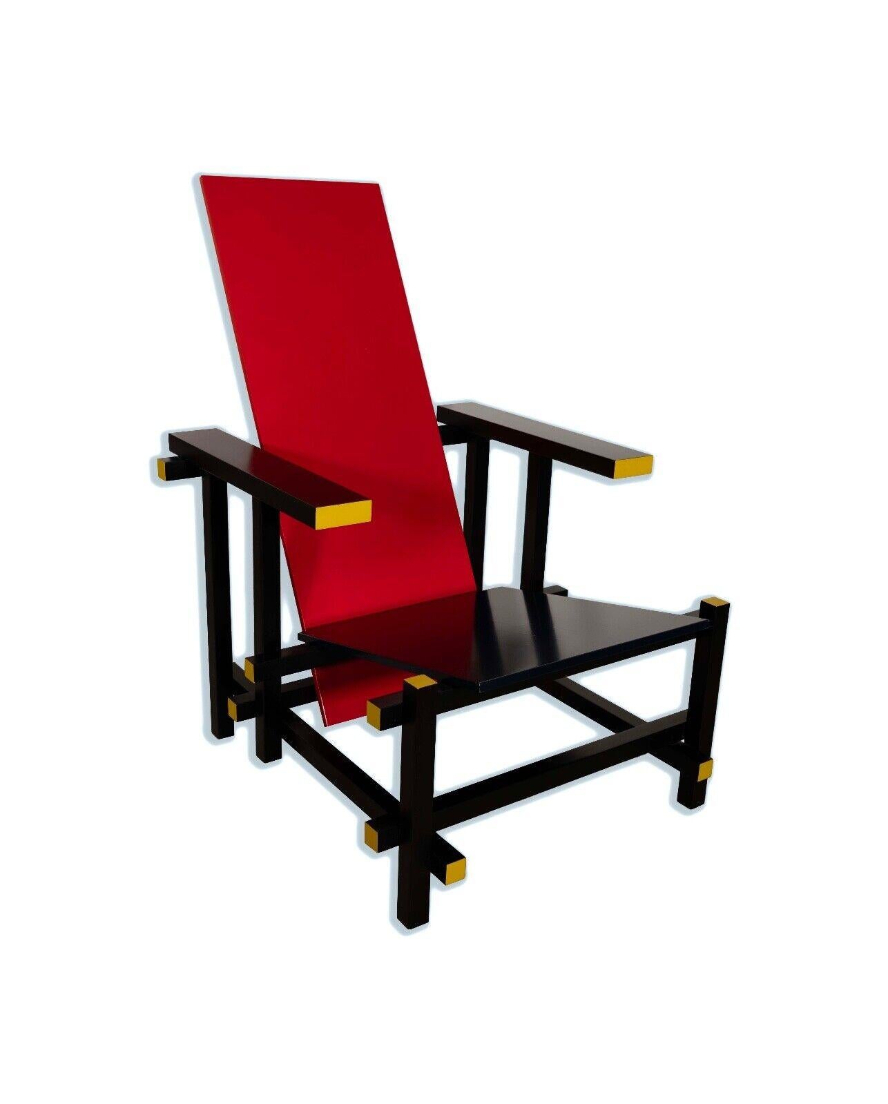 Bold and artistic, the Cassina Red, Blue, and Yellow Chair is a striking piece of mid-century modern design by Gerrit Thomas Rietveld. Its geometric form and primary color scheme reflect the De Stijl art movement's influence on Rietveld's work. The