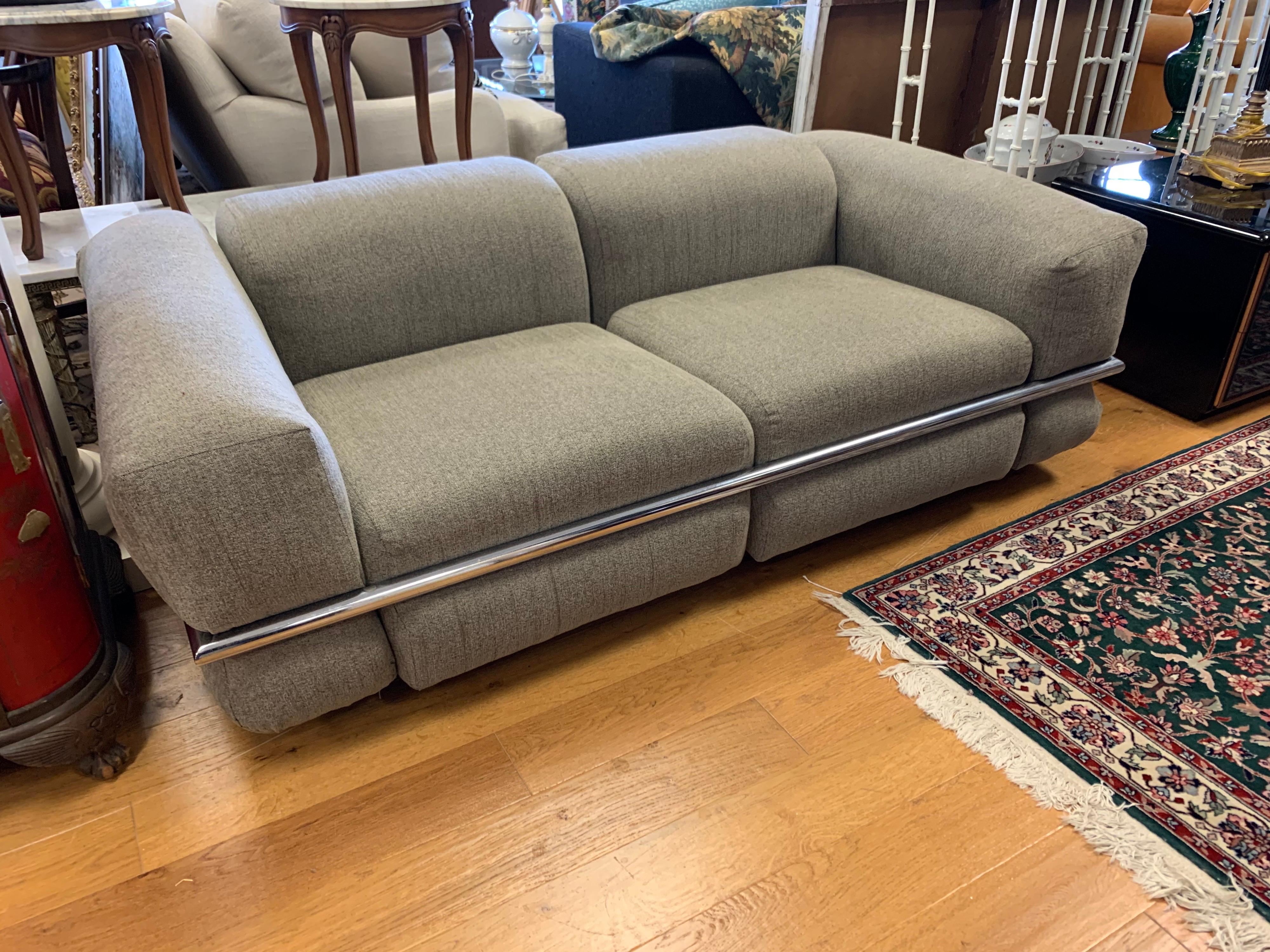 Mid-Century Modern Cassina Sesann Sofa Designed by Gianfranco Frattini in Gray Fabric with Chrome