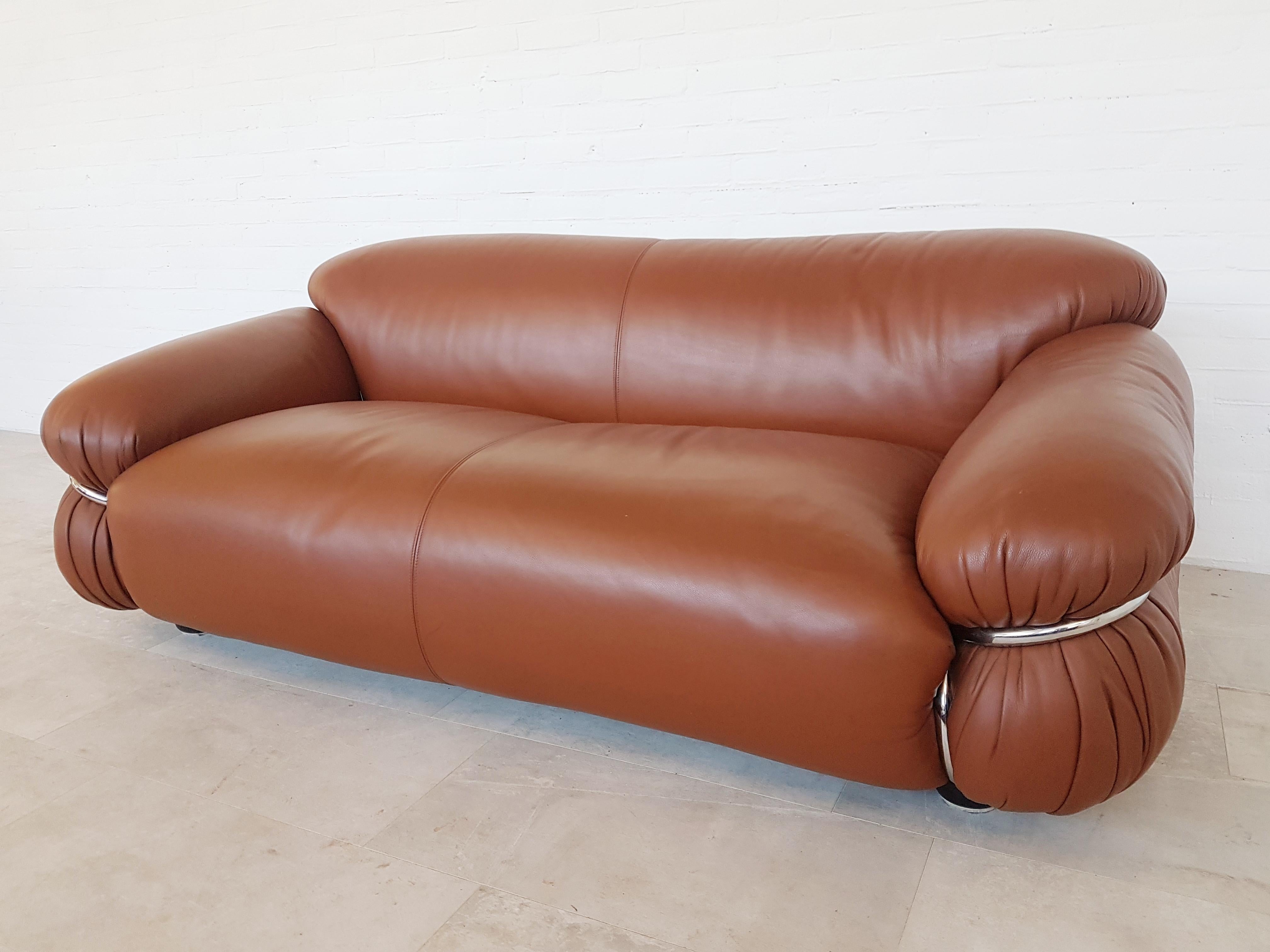 Mid-Century Modern Cassina 'Sesann' Two-Seat in Cognac Leather and Chrome