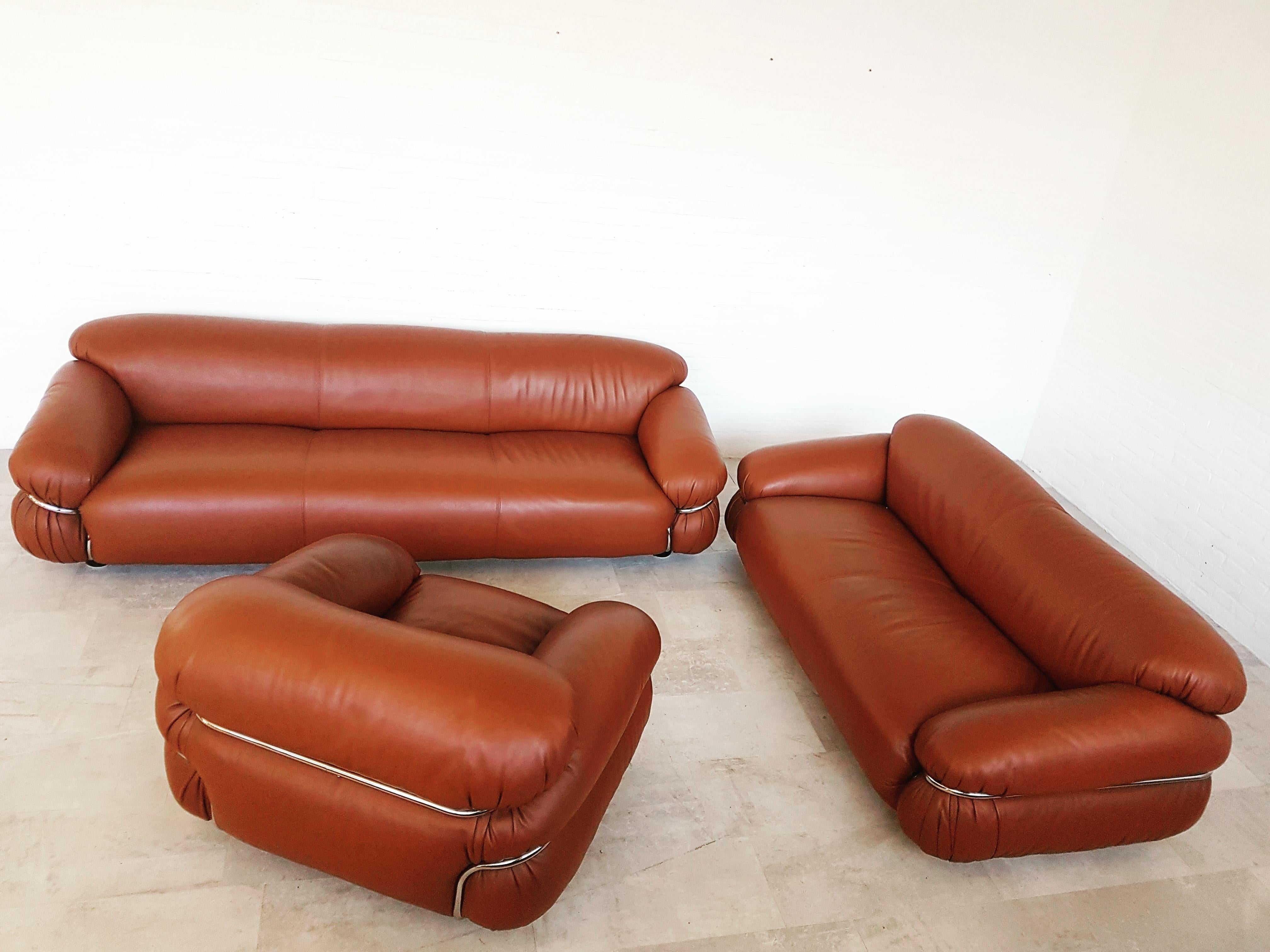 Cassina 'Sesann' Two-Seat in Cognac Leather and Chrome 1