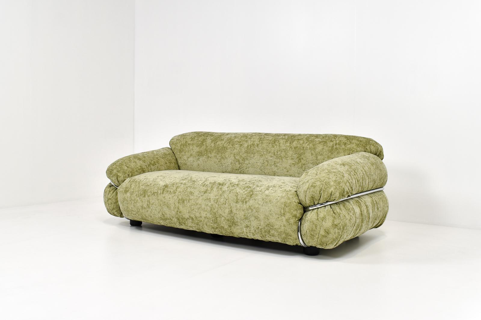 Italian Sage Green Velvet Cassina Sesann Two Seater Sofa by Gianfranco Frattini