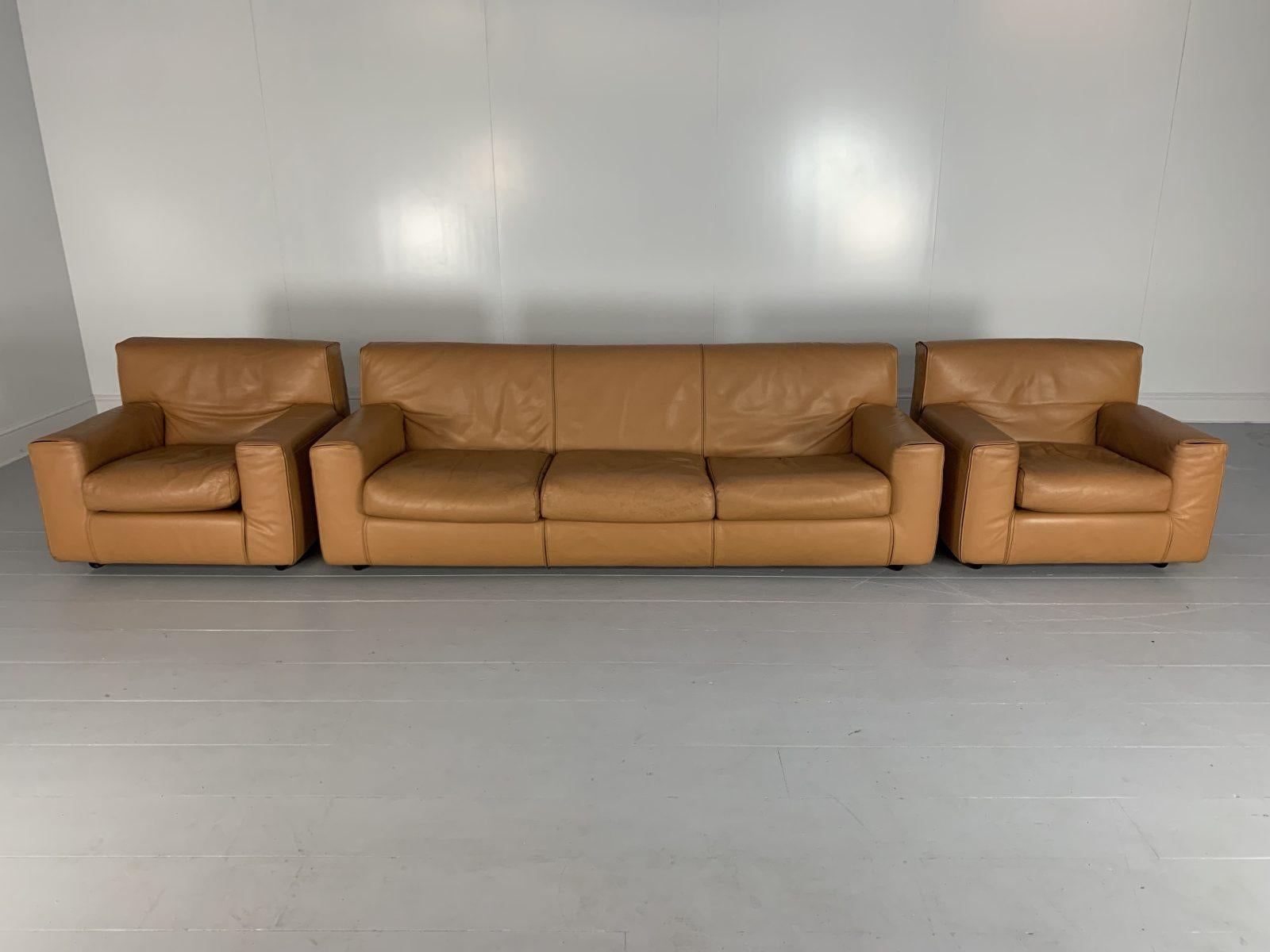 On offer on this occasion is ultra-rare (so rare in fact that we cannot identify the model!), superb, immaculately-presented suite of seating consisting of a 3-Seat Sofa and an identical pair of Armchairs, from the world renown Italian furniture