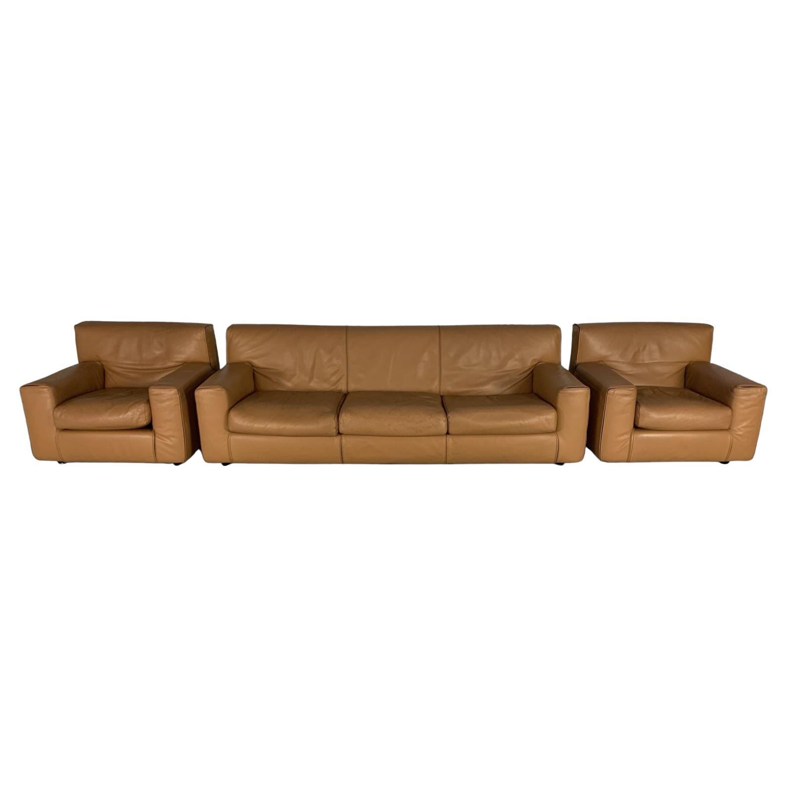 Cassina Sofa & 2 Armchair Suite, in Tan Brown Leather For Sale
