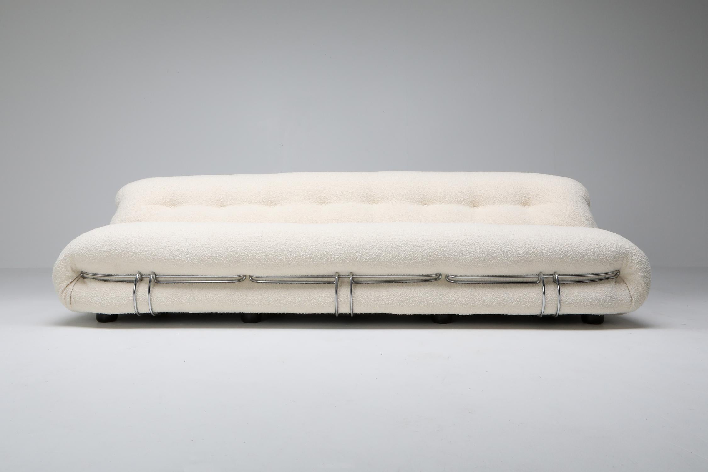 Postmodern couch by Afra and Tobia Scarpa for Cassina
reupholstered in ivory bouclé wool

Manufactured by Cassina in the 1970s, the Soriana collection was meant to express beauty and comfort by using a whole bundle of fabric held by a