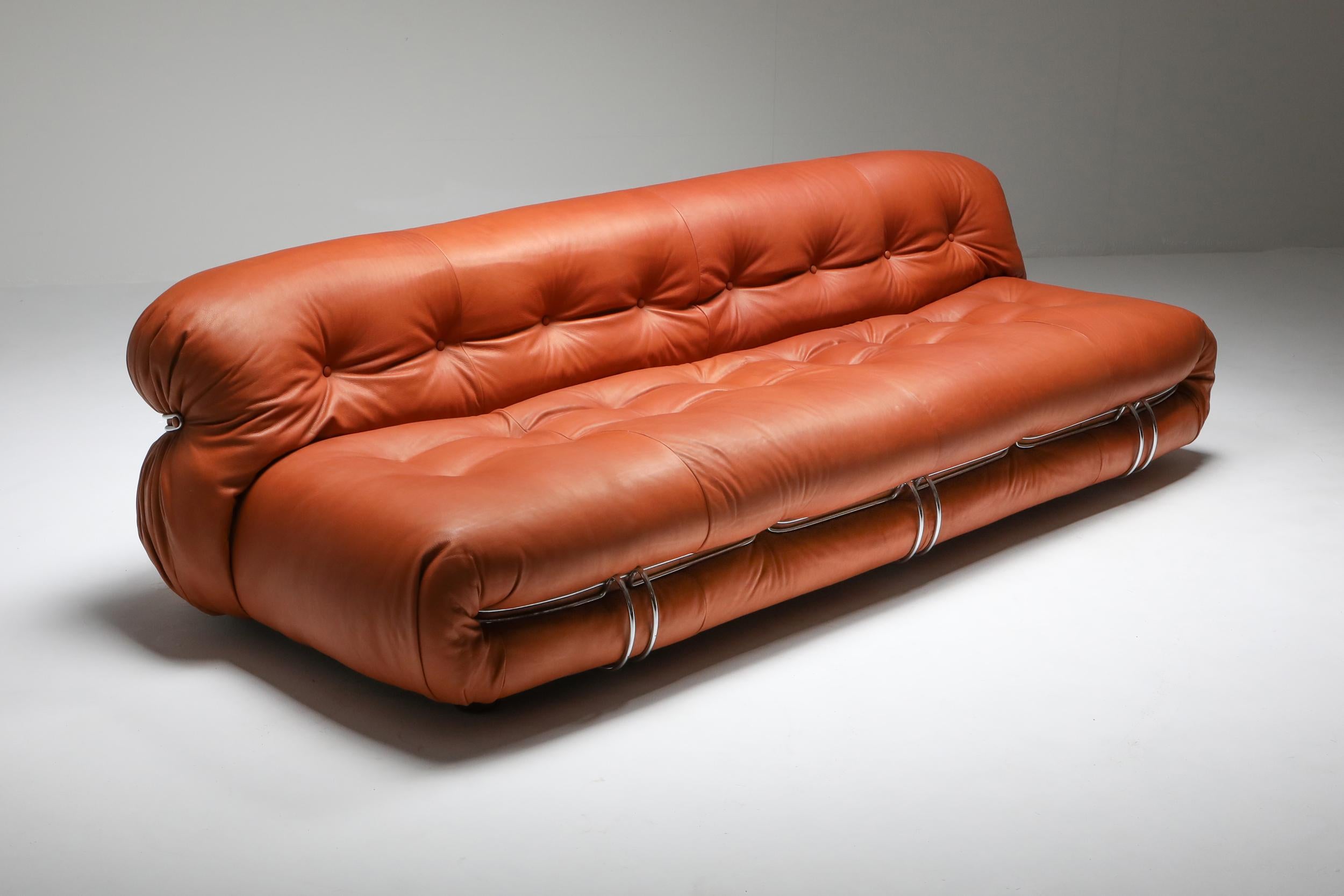 Postmodern couch by Afra and Tobia Scarpa for Cassina
reupholstered in aniline leather

Manufactured by Cassina in the 1970s, the Soriana collection was meant to express beauty and comfort by using a whole bundle of fabric held by a chrome-plated