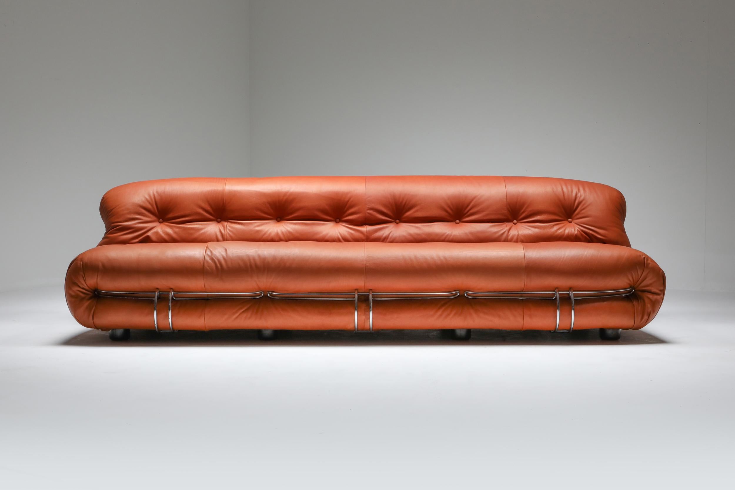 Italian Cassina 'Soriana' Cognac Leather Sofa by Afra and Tobia Scarpa