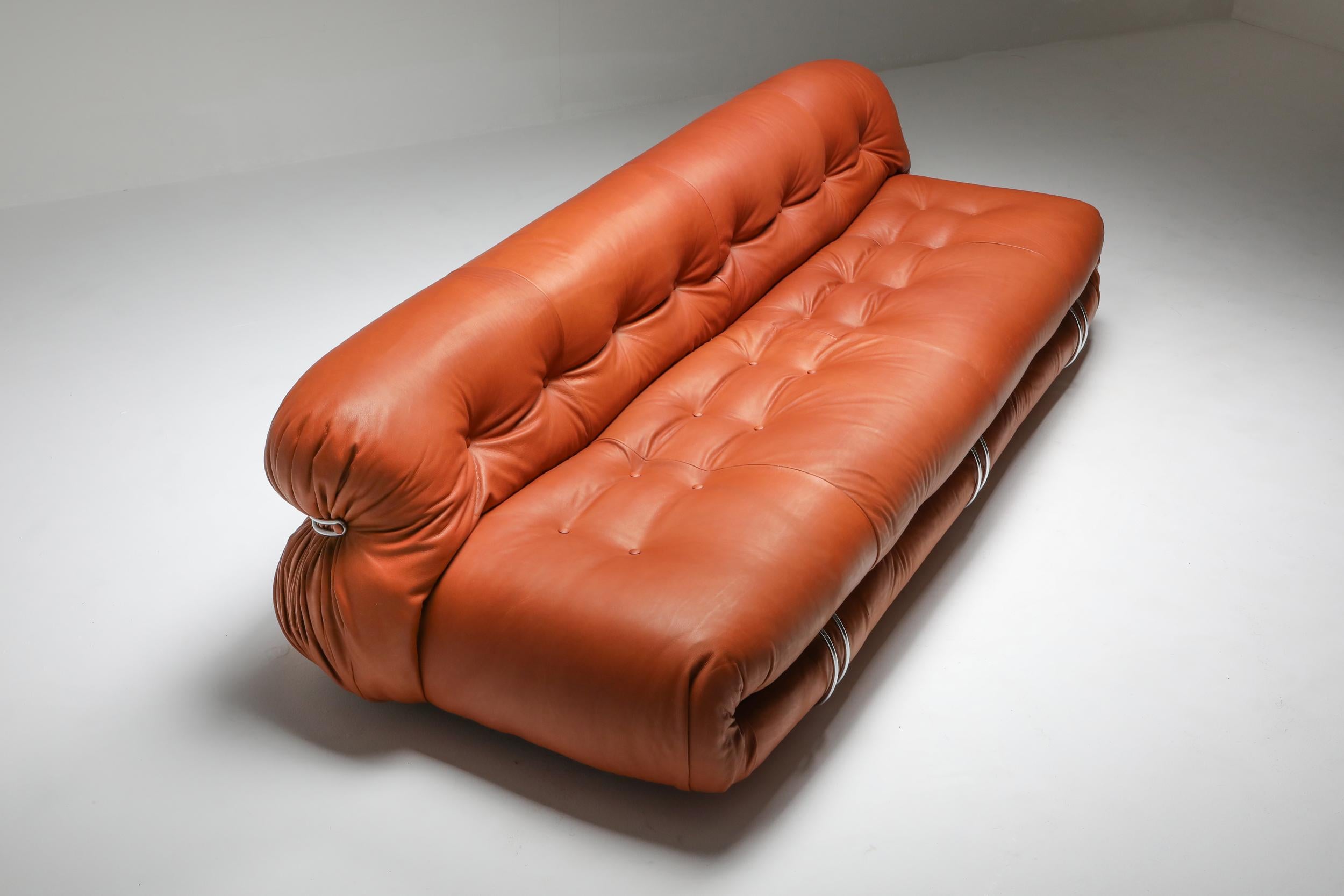 Post-Modern Cassina 'Soriana' Cognac Leather Sofa by Afra and Tobia Scarpa