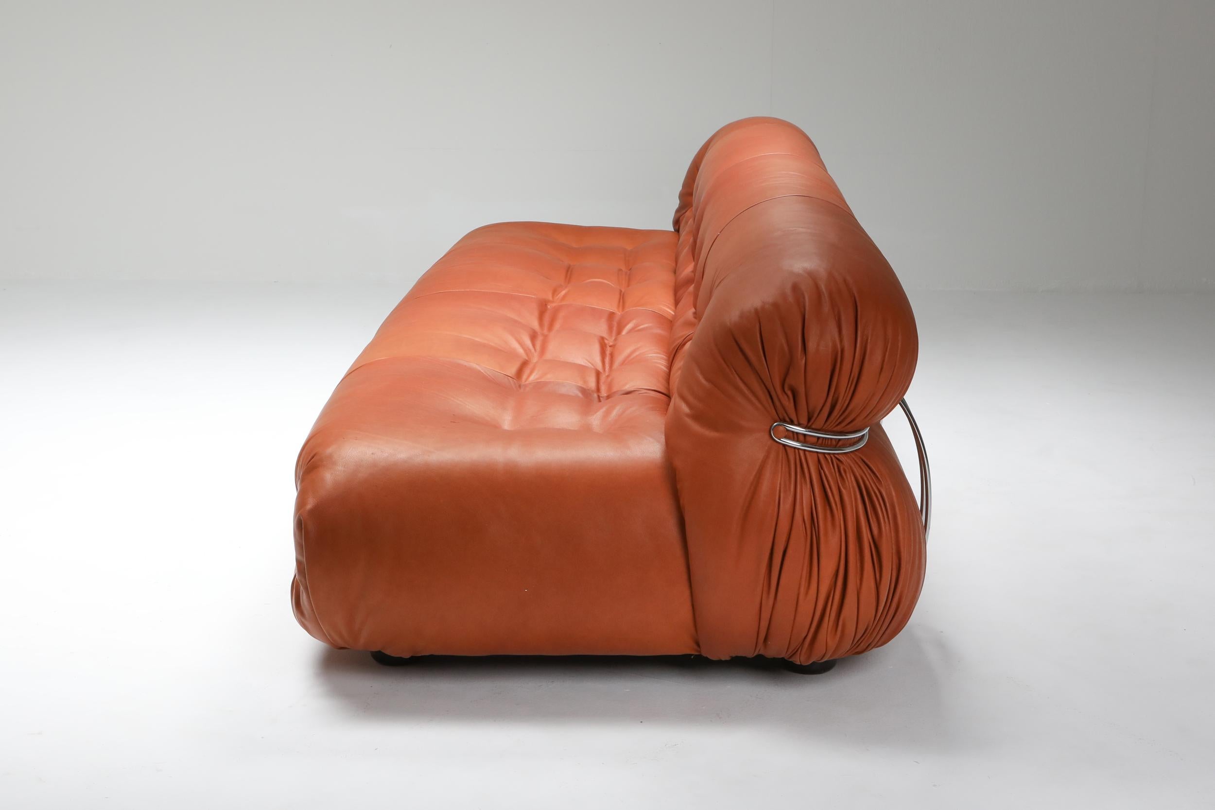 Italian Cassina 'Soriana' Cognac Leather Sofa by Afra and Tobia Scarpa