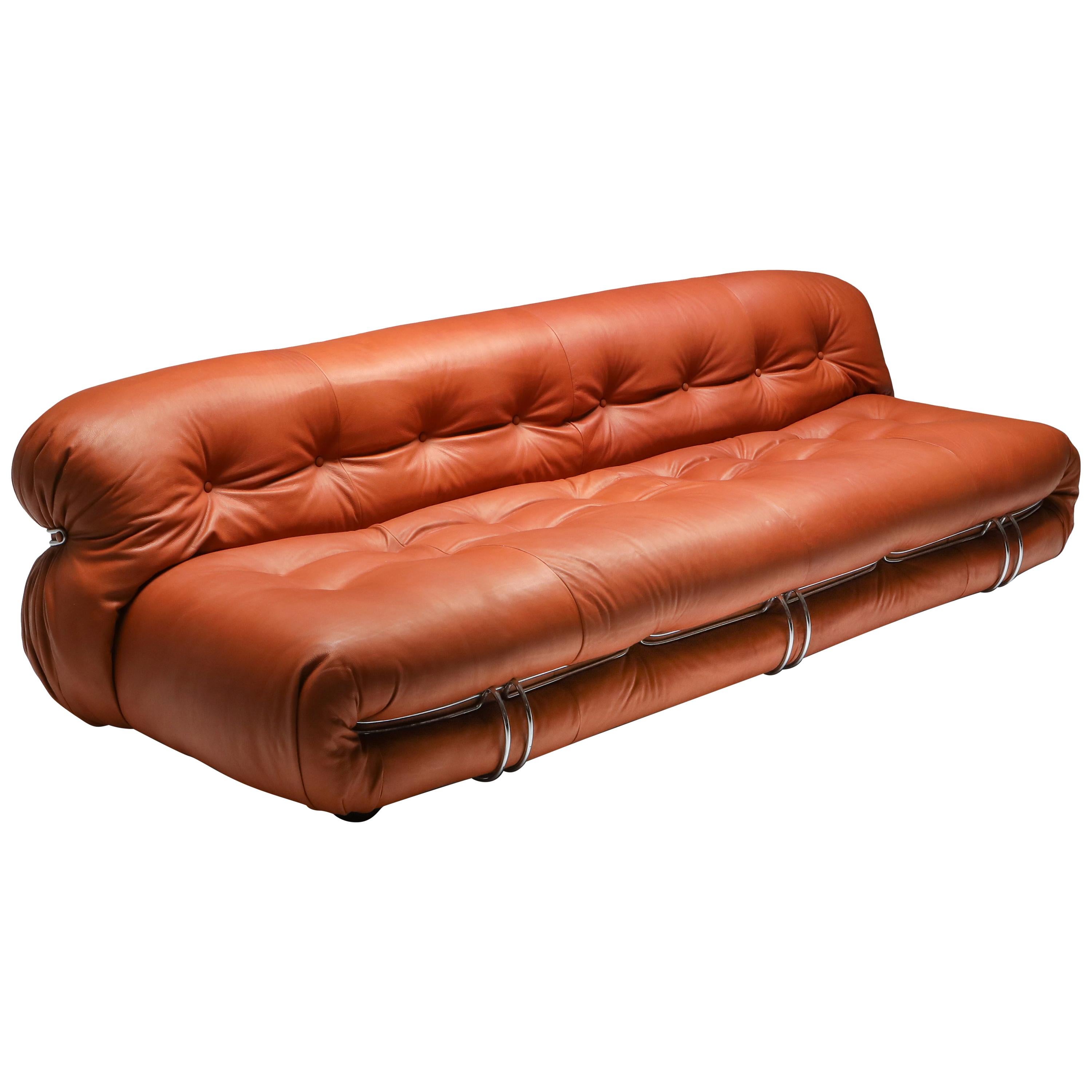 Cassina 'Soriana' Cognac Leather Sofa by Afra and Tobia Scarpa