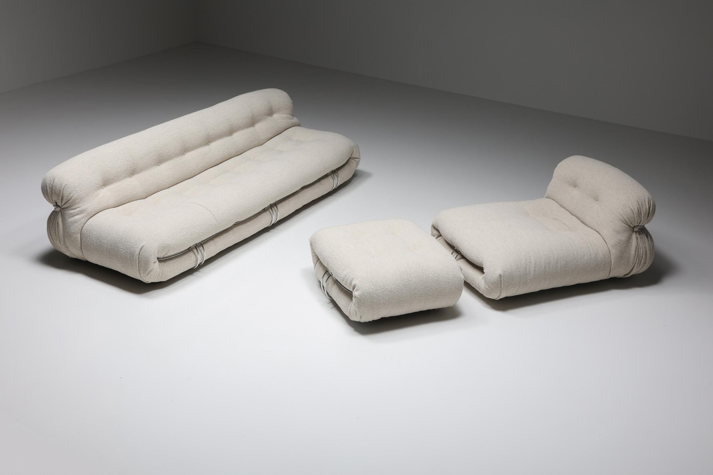 Cassina; Scarpa Mid Century modern; Italy; 1970's; Boucle wool; 

Manufactured by Cassina in the 1970s, the Soriana collection was meant to express beauty and comfort by using a whole bundle of fabric held by a chrome-plated steel clamp.