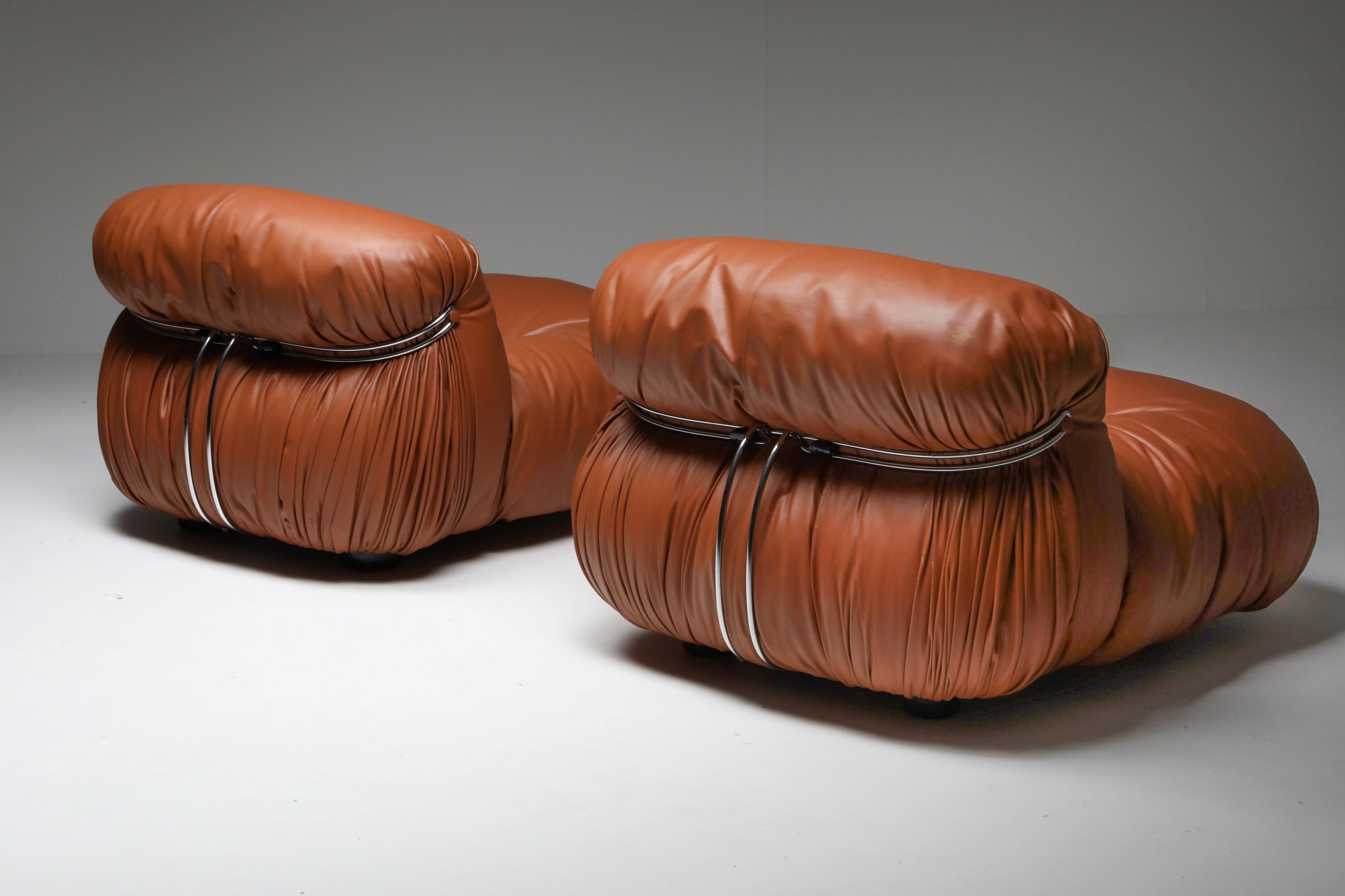 Afra and Tobia Scarpa, Soriana, original cognac leather, Cassina

Manufactured by Cassina in the 1970s, the Soriana collection was meant to express beauty and comfort by using a whole bundle of fabric held by a chrome-plated steel clamp.
The