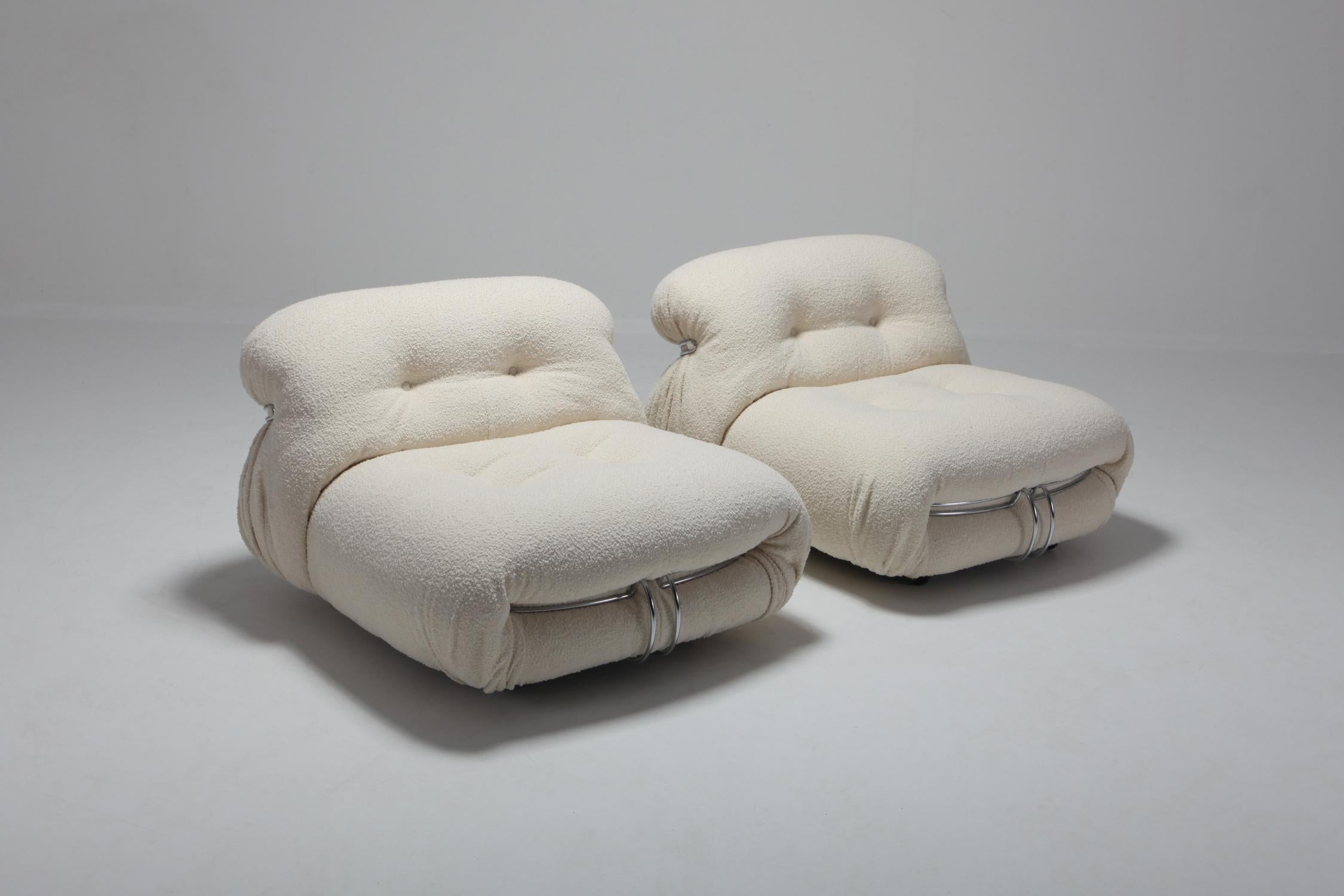 Afra and Tobia Scarpa, Soriana, reupholstered in bouclé wool, Cassina, 1970s

The Soriana collection was meant to express beauty and comfort by using a whole bundle of fabric held by a chrome-plated steel clamp.
The 