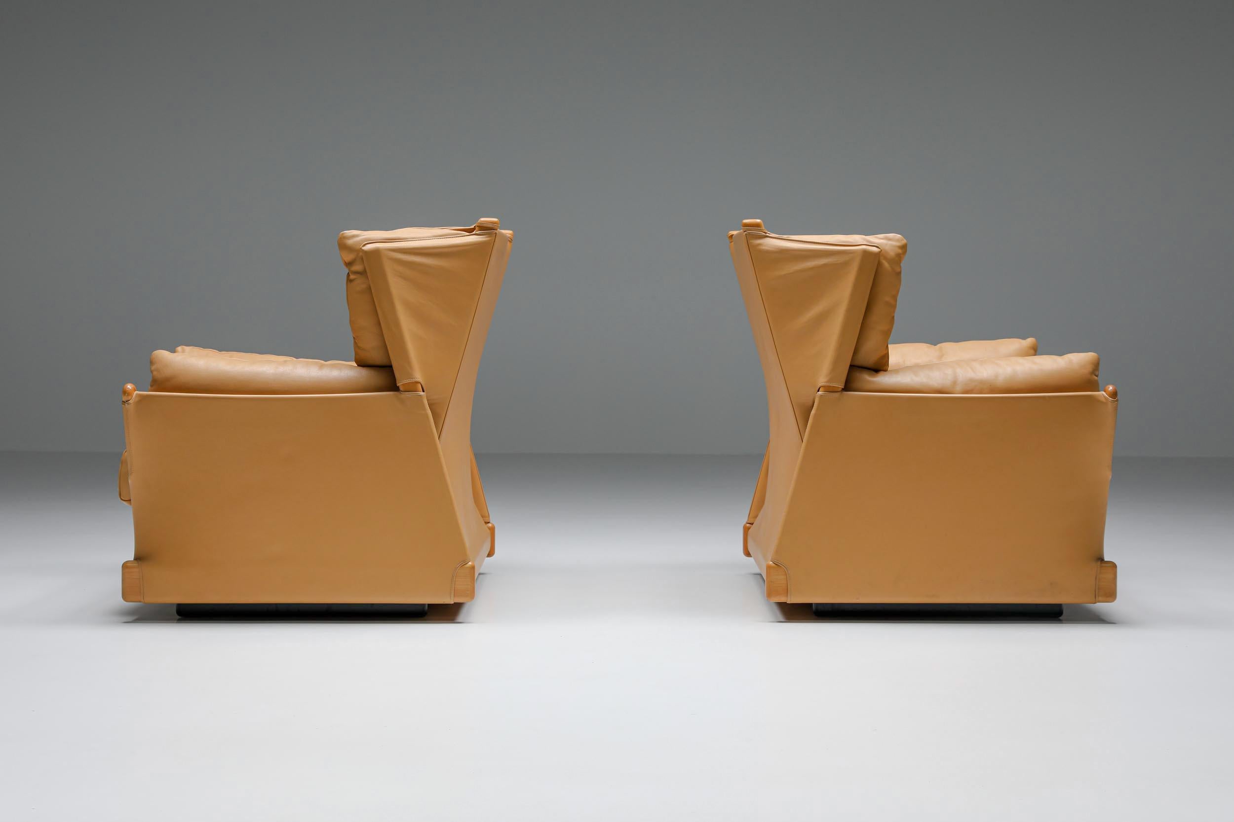 Cassina; 'Viola d'amore' Armchairs; Piero de Martini; Lounge chairs; Postmodern; 1977

Cassina produced these post-modern luxury lounge chairs by Italian designer Piero de Martini. Remarkably comfortable, magnificent camel leather seats in amazing