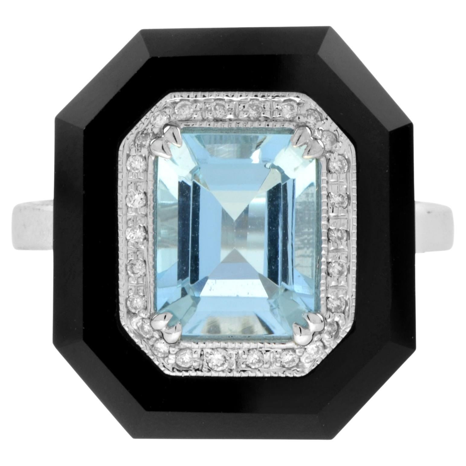 Cassiopeia Art Deco Style Aquamarine with Diamond and Onyx Ring in 18K Gold
