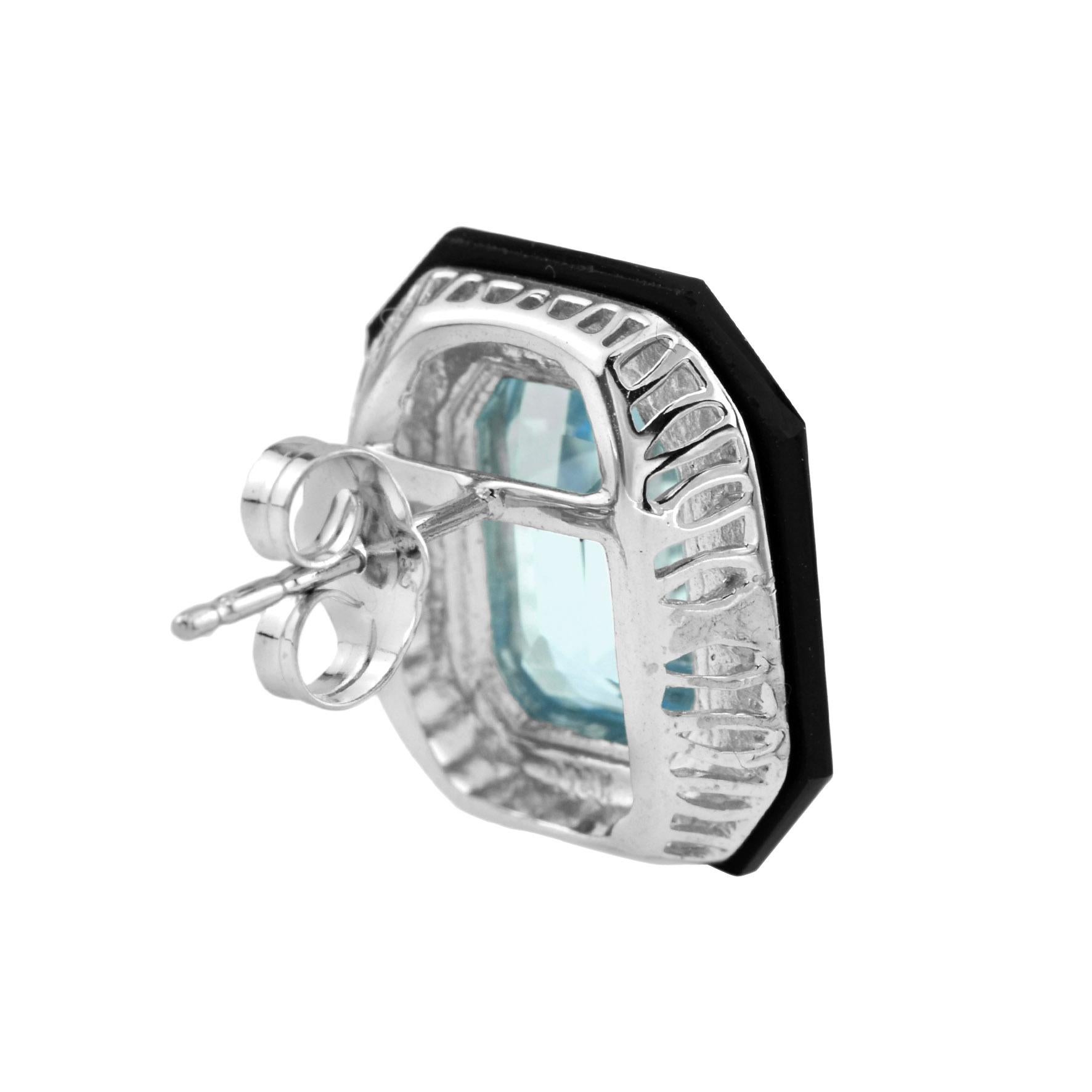 Emerald Cut Cassiopeia Art Deco Style Blue Topaz and Onyx Stud Earring in 18K White Gold For Sale