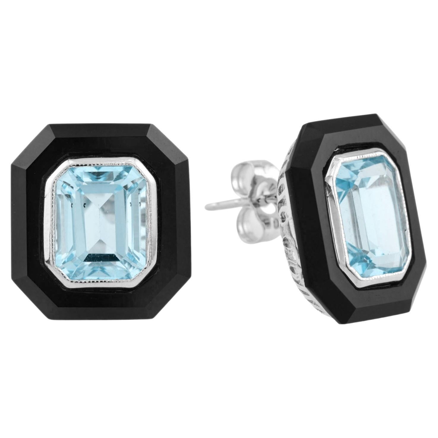 Cassiopeia Art Deco Style Blue Topaz and Onyx Stud Earring in 18K White Gold For Sale