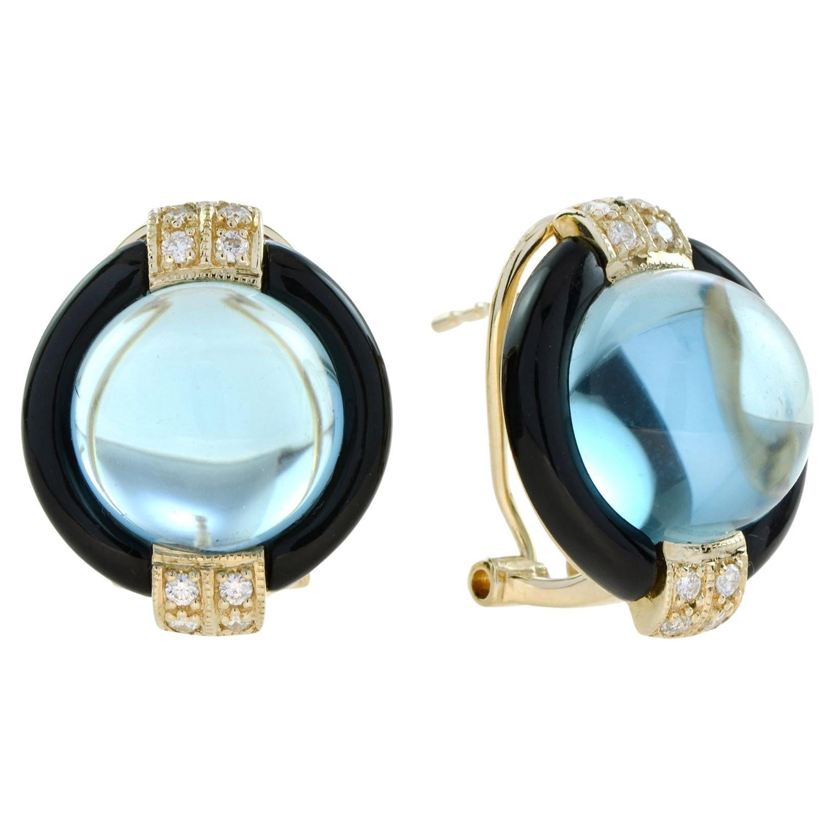 Cassiopeia Art Deco Style Cabochon Blue Topaz and Onyx Earring in 14K Gold For Sale