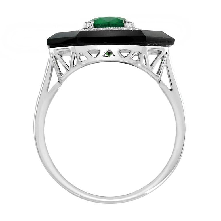 Oval Cut Cassiopeia Art Deco Style Zambia Emerald Diamond Onyx Ring in 14K White Gold