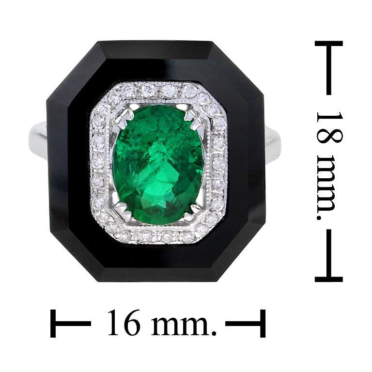 Women's or Men's Cassiopeia Art Deco Style Zambia Emerald Diamond Onyx Ring in 14K White Gold